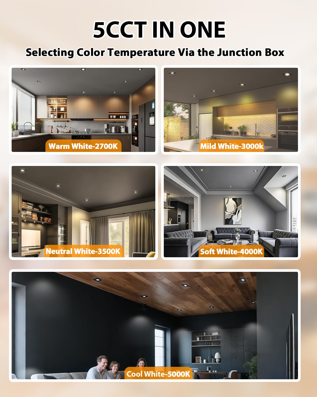 Adetu 4 Inch Square Led Recessed Lighting Black 5Cct Ultra Thin Square Led Ceiling Light With Junction Box 2700K-5000K  10W 860Lm Can-reduceer Wafer Downlight Etl And Energy Star Certified