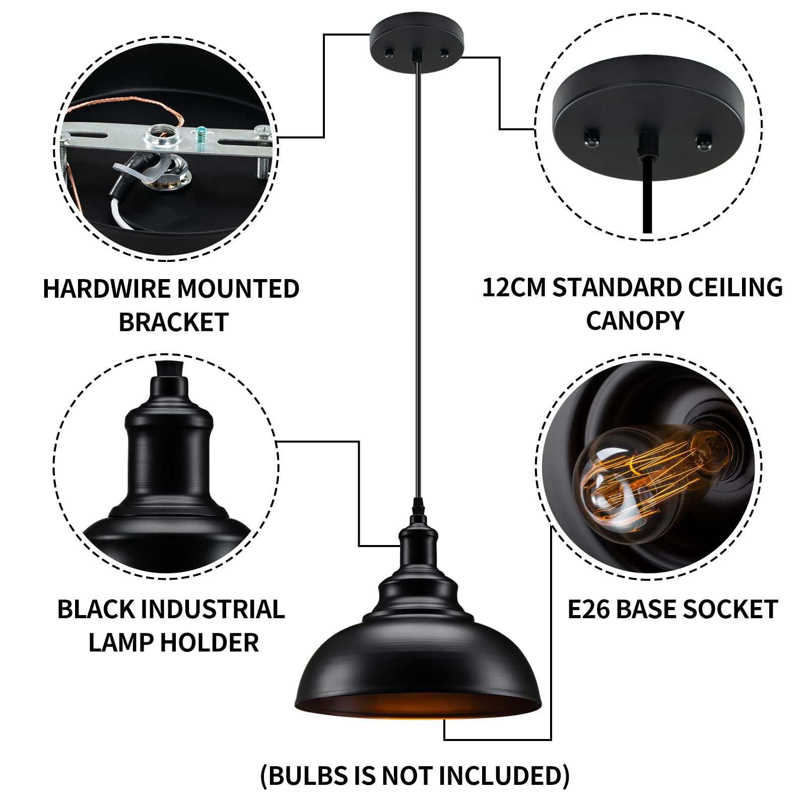 Asnxcju Matte Black Pendant Light, Industrial Farmhouse Ceiling Lamp, 2-Pack, Metal