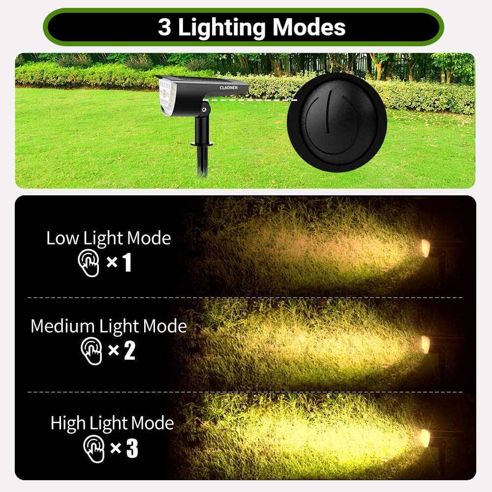 CLAONER Solar Spot Lights Outdoor, 3 Modes, IP65 Waterproof, 2 Pack, Warm White, High-impact ABS Plastic