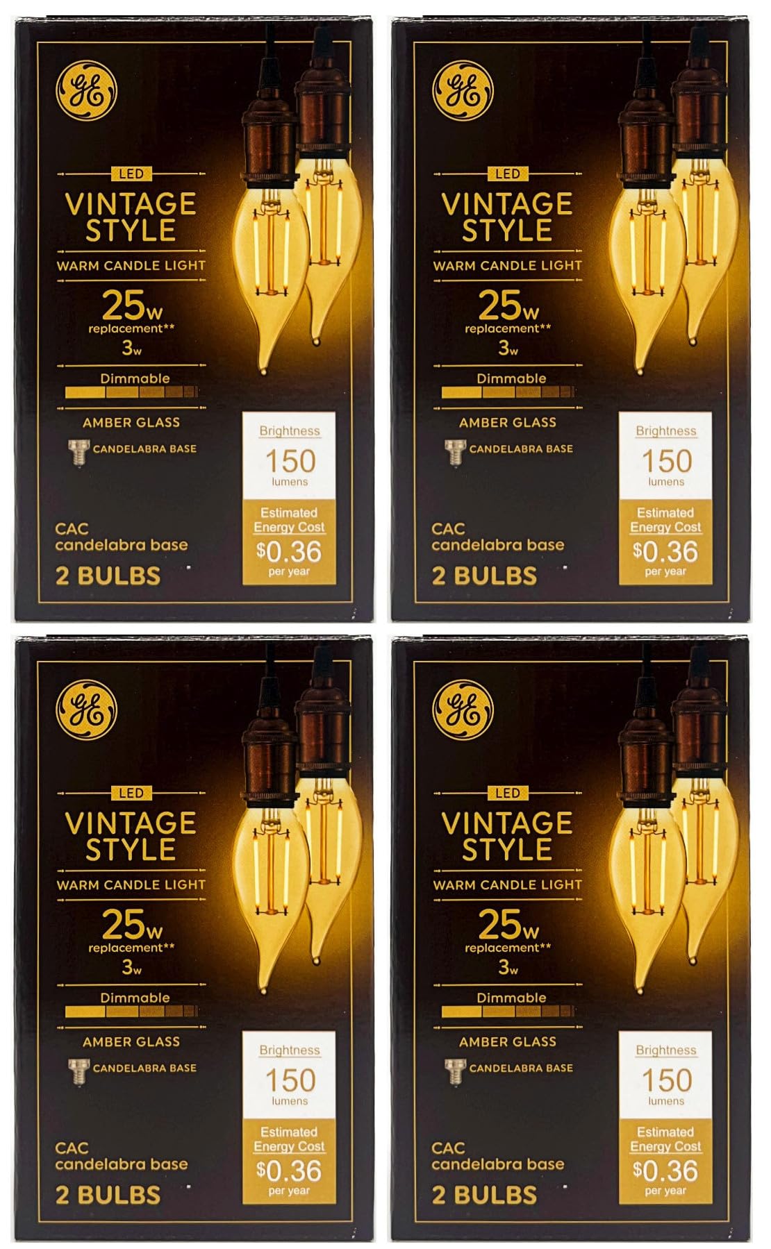 Ge (8 Bulbs) Lighting Vintage Led Chandelier Light, Cendlabra Base, 3 Watt, 150 Lumen, Dimmable, Warm Candle Light Glow, Amber G