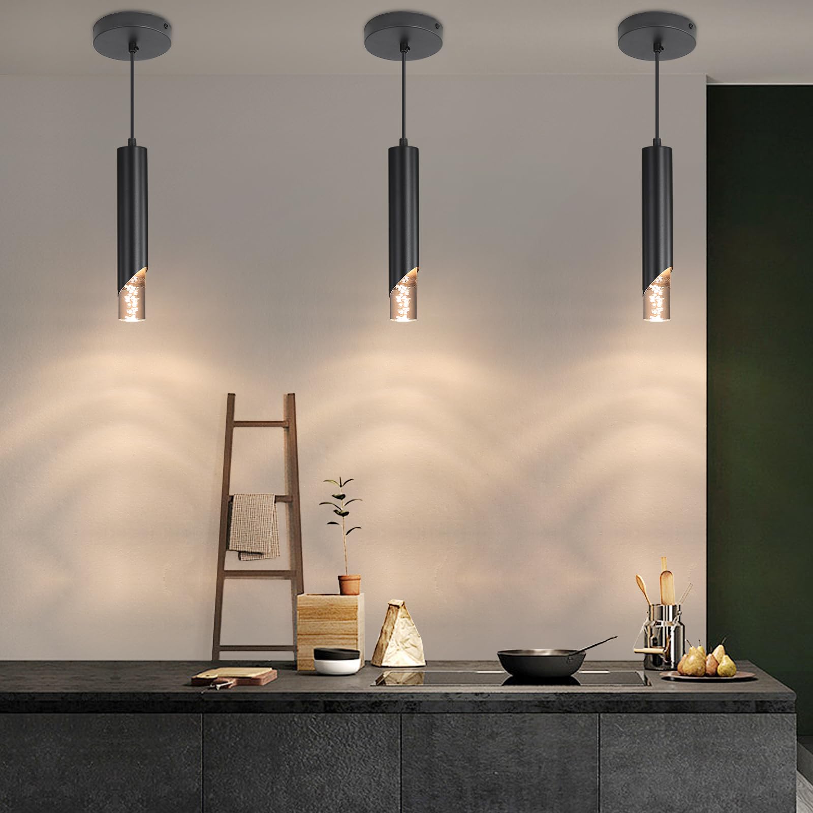 Minimalist Kitchen Island Pendant Lights  Black Modern Linear Hanging Light Fixture  Bubble Acrylic  Adjustable 2700K/4500K/6500K  Led Ceiling Lighting For Dining Room  Bedside  Bathroom  Bar