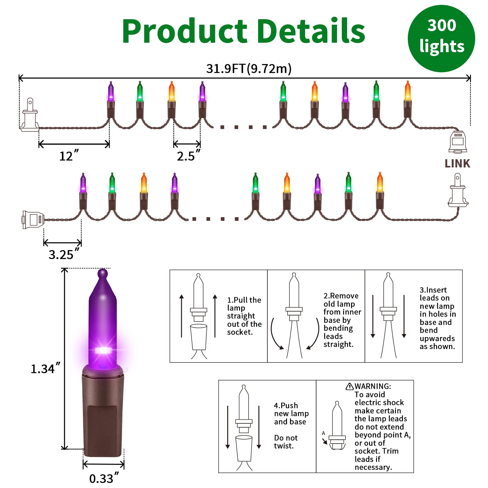 LAMPHOME Mini Bulb String Lights Set, 150 Lights, 31.9ft, UL Certified, Orange Purple Green-Brown Wire, Model HP-300-2/SB