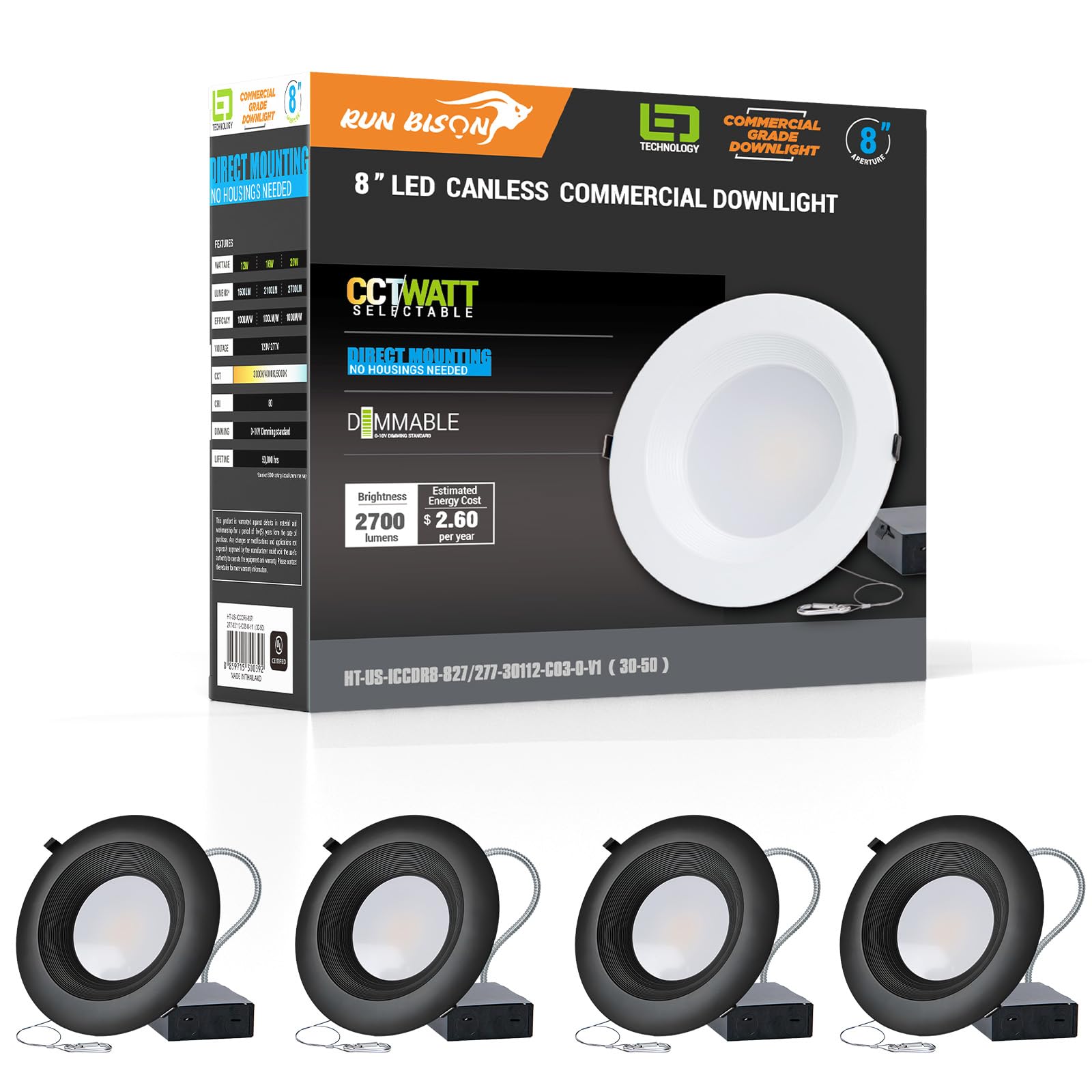 Run Bison 8 Inch Commercial LED Recessed Light with J-Box,120-277V,16/21/27W Adjustable,3CCT Selectable 3000K-5000K,0-10V Dimmab