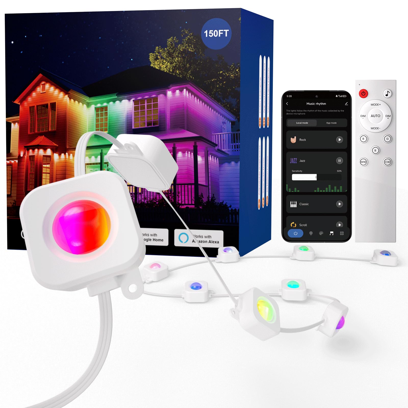 HUTAKUZE 150ft RGB Outdoor Christmas Lights, IP67 Waterproof, 90 LED, Multicolor, Model C5113