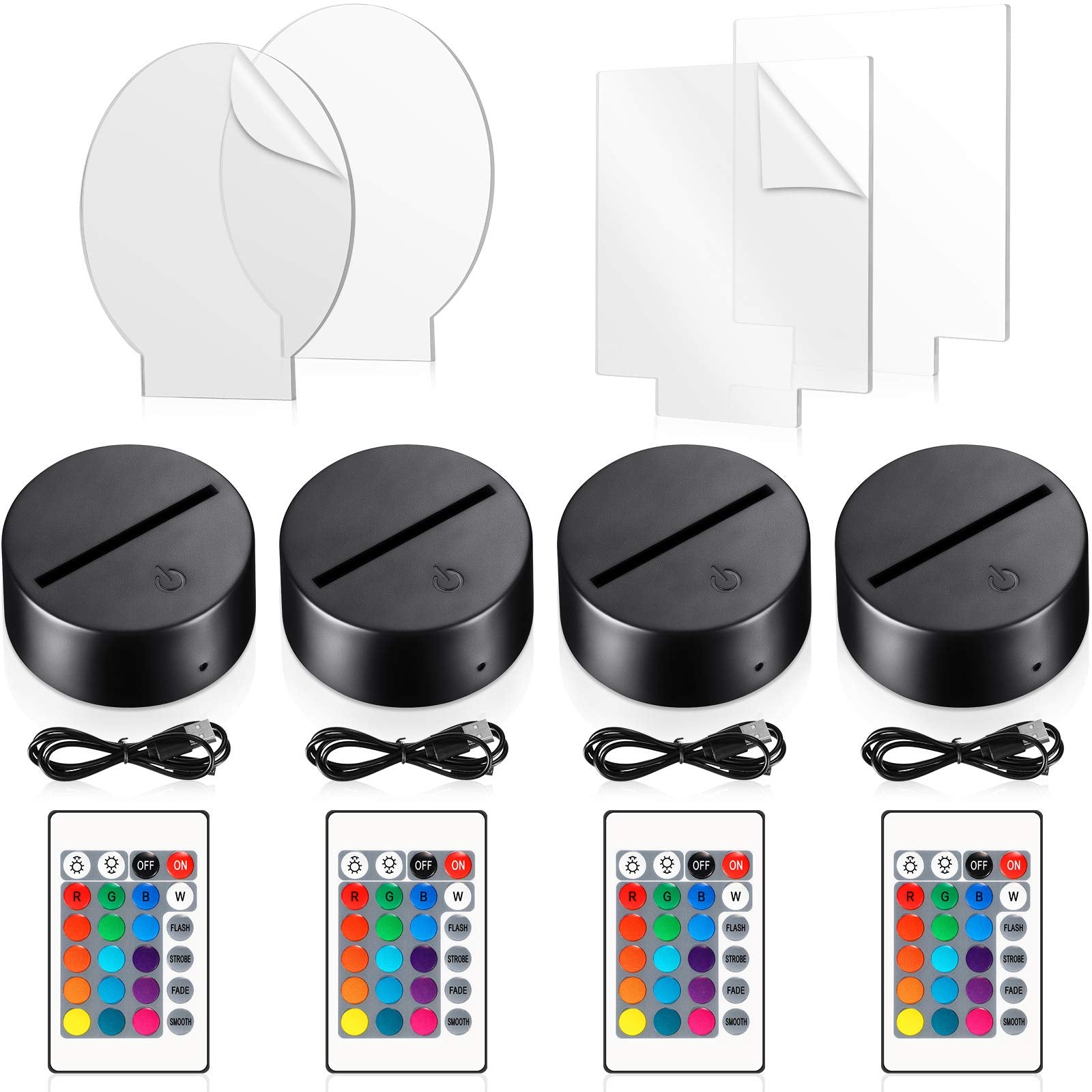 Honoson 4 Pcs 3D Night LED Light Lamp Base with 4 Pcs Clear Acrylic Sheets Remote Control USB Cable Adjustable 16 Colors 4 Modes