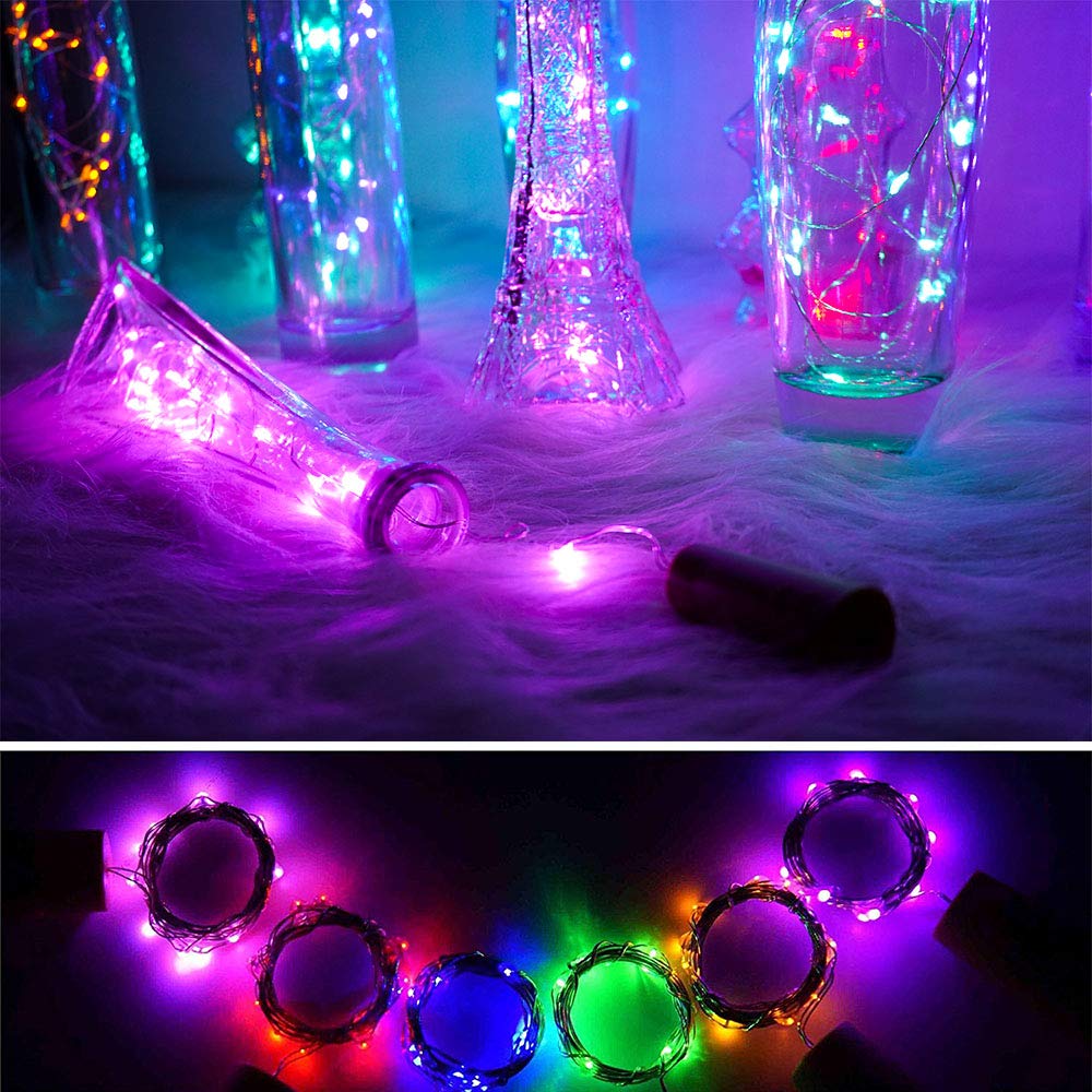Sunkite Wine Bottle String Lights With Cork,18 Pack 20 Led 2M Mini Silver Copper Wire Fairy Lights Fit Diy Party Wedding Table Centerpieces Decor (6-Color)