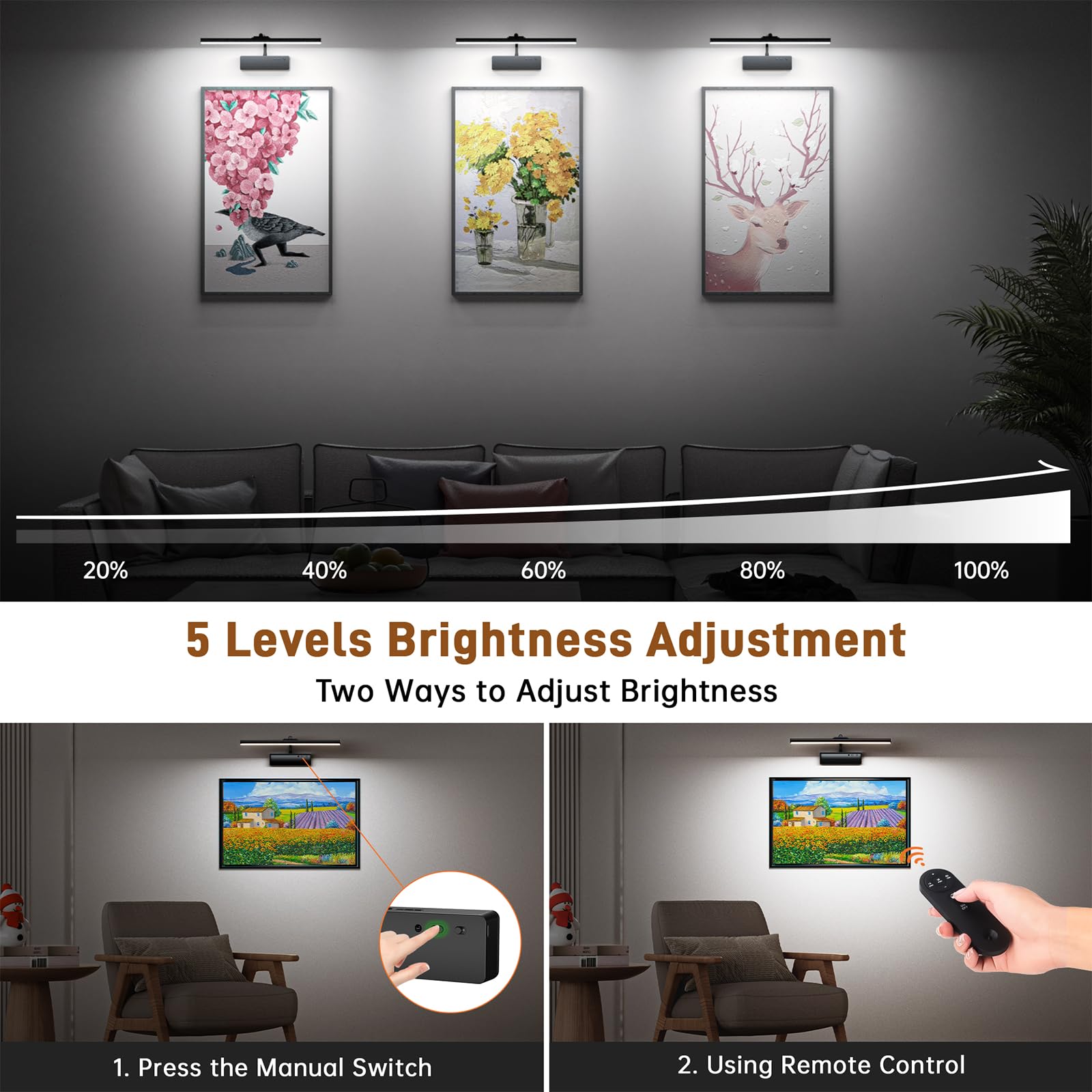 Picture Light  15.35Inch Wireless Picture Lights For Wall Rechargeable  5400Mah Battery Wall Light With Remote  3 Color Art Lighting For discomfort-reducingtings With Timer And Dimmable Artwork Display (Black-2Pcs)
