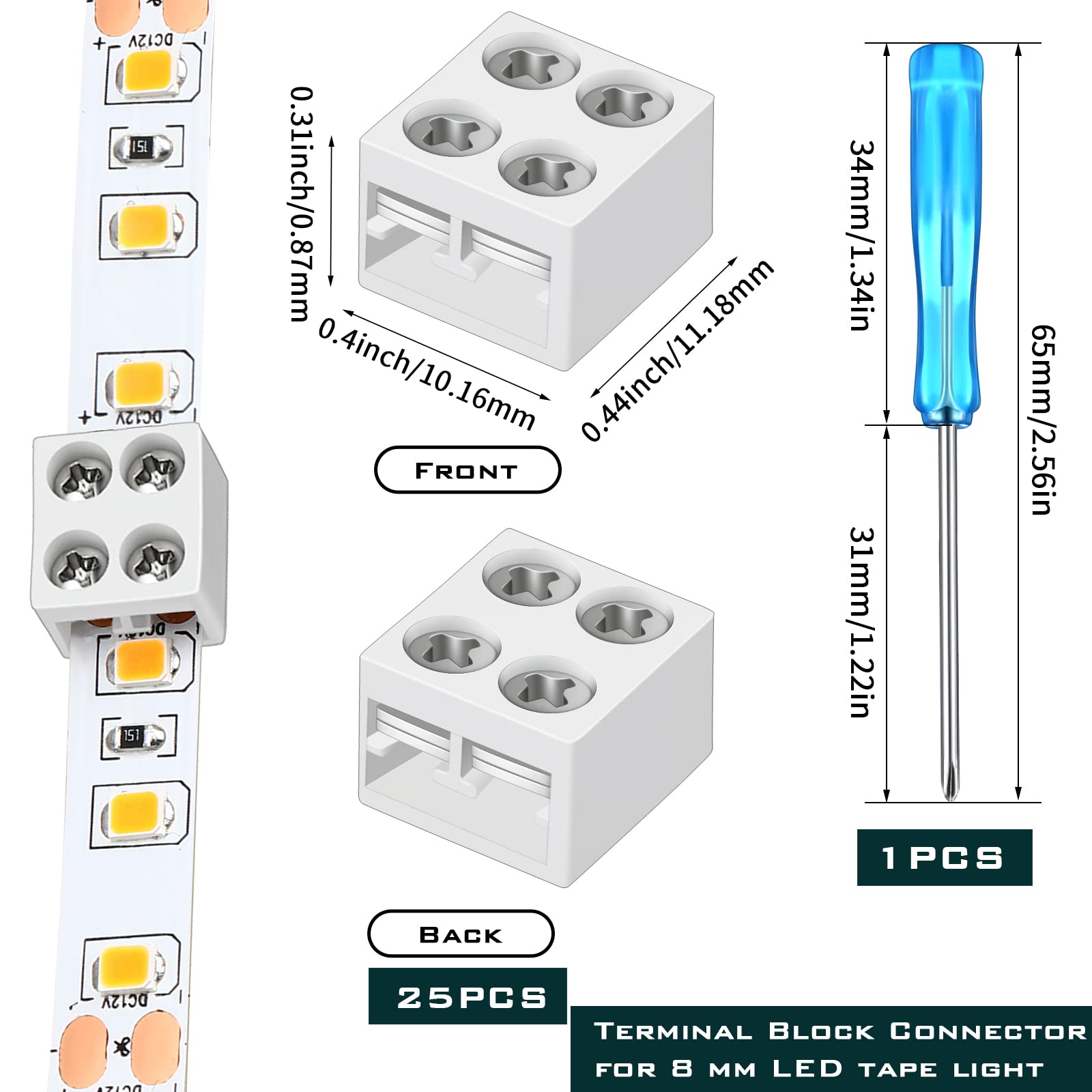 25 Pack Solderless Led Strip Connectors Tighten Screw Terminal Blocks 2 Pin 8Mm Connector With Screwdriver Wire To White 2P8Mm-2
