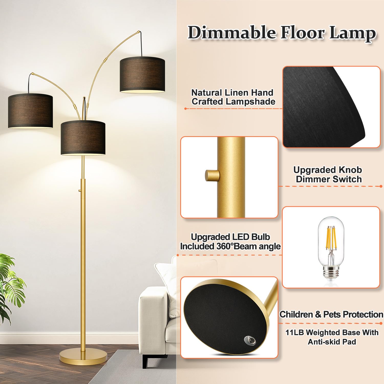 Nintiue Dimmable Floor Lamp - 3 Lights Gold Floor Lamps For Living Room With Black Shades & Heavy Base, Mid Century Tree Floor L