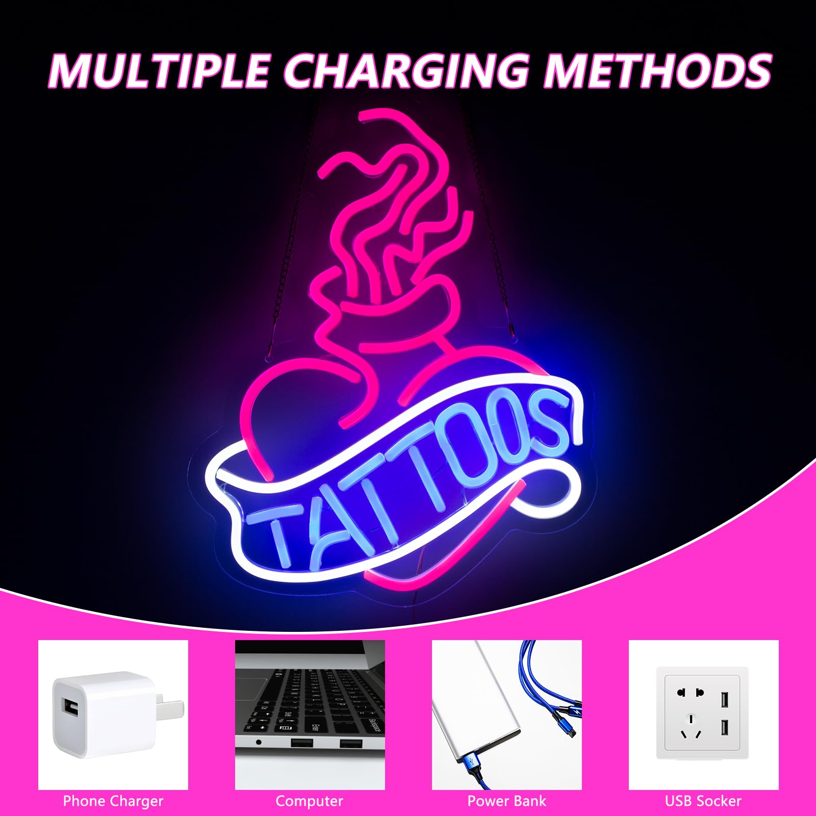 Moodlion Tattoo Neon Sign For Wall Decor Studio Room Led Lights, Pink Tattoo Decor Neon Signs Aesthetic Operated Light For Door
