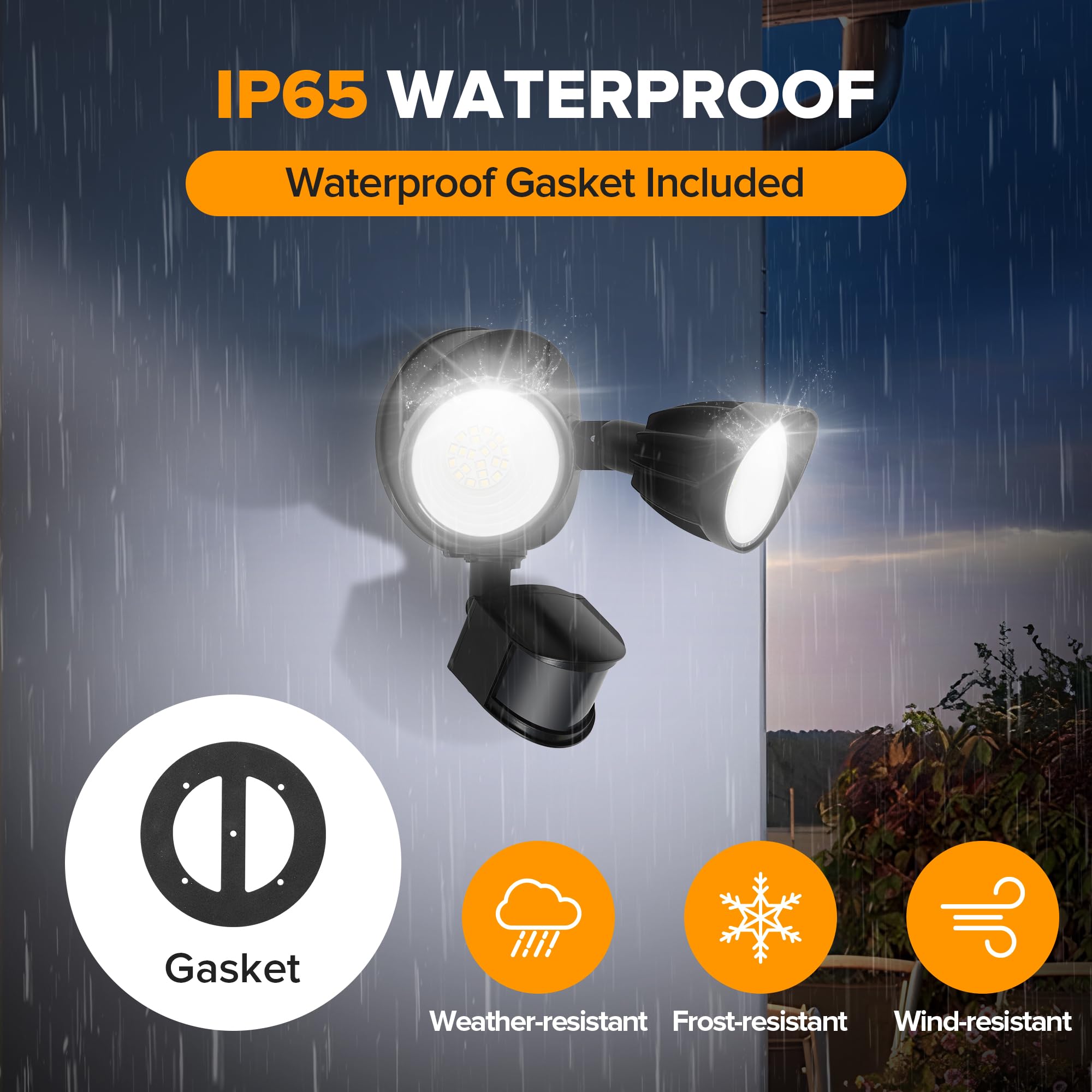 UME LED Security Light - 27W, 3000LM, IP65 Waterproof, Dusk to Dawn, 2 Head Motion Sensor, Outdoor Flood Light, Black