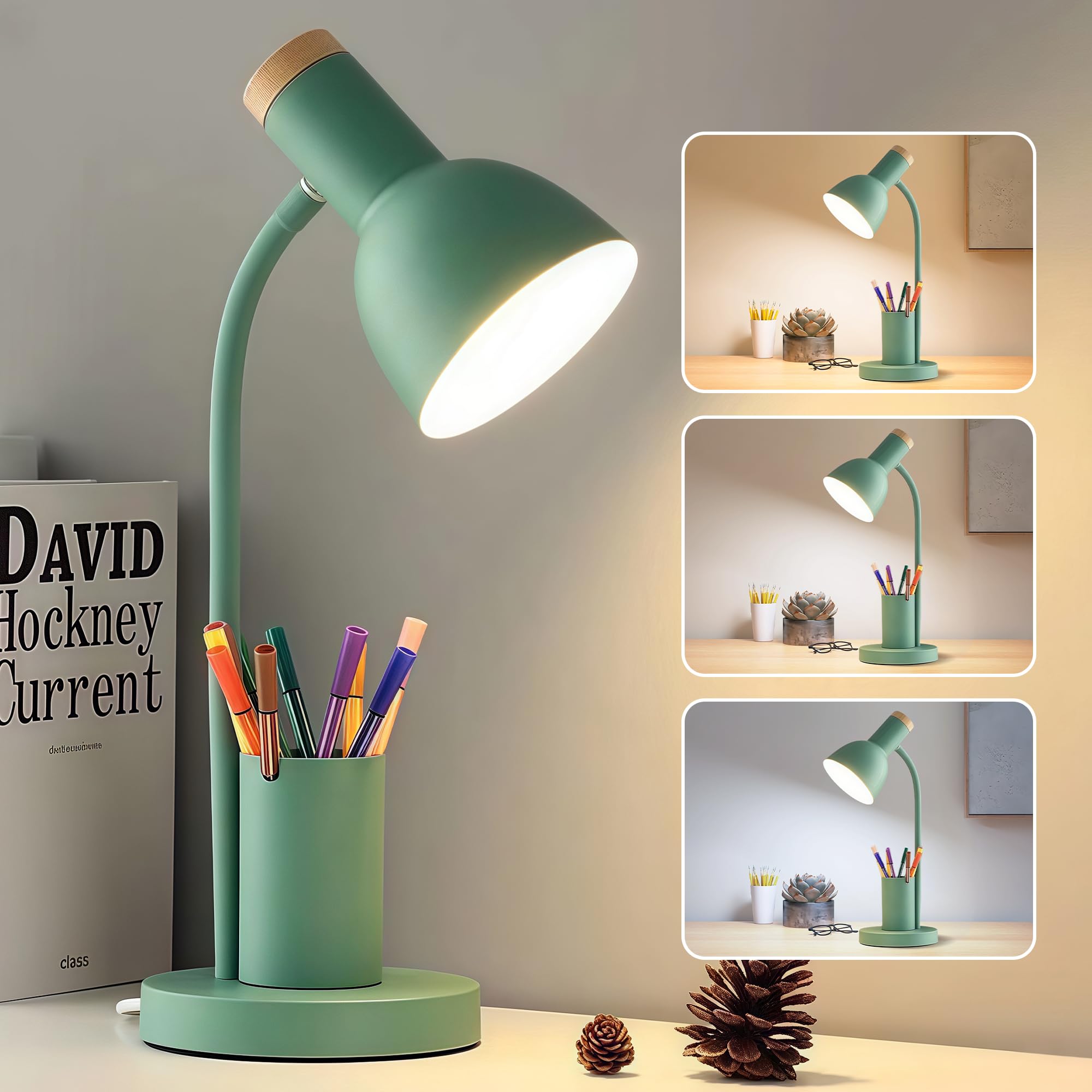 DSYHYL LED Desk Lamp for Home Office, Table Lamp with Pen Holder, 3 Color Modes Reading Light, Eye-Caring Desk Light with Goosen