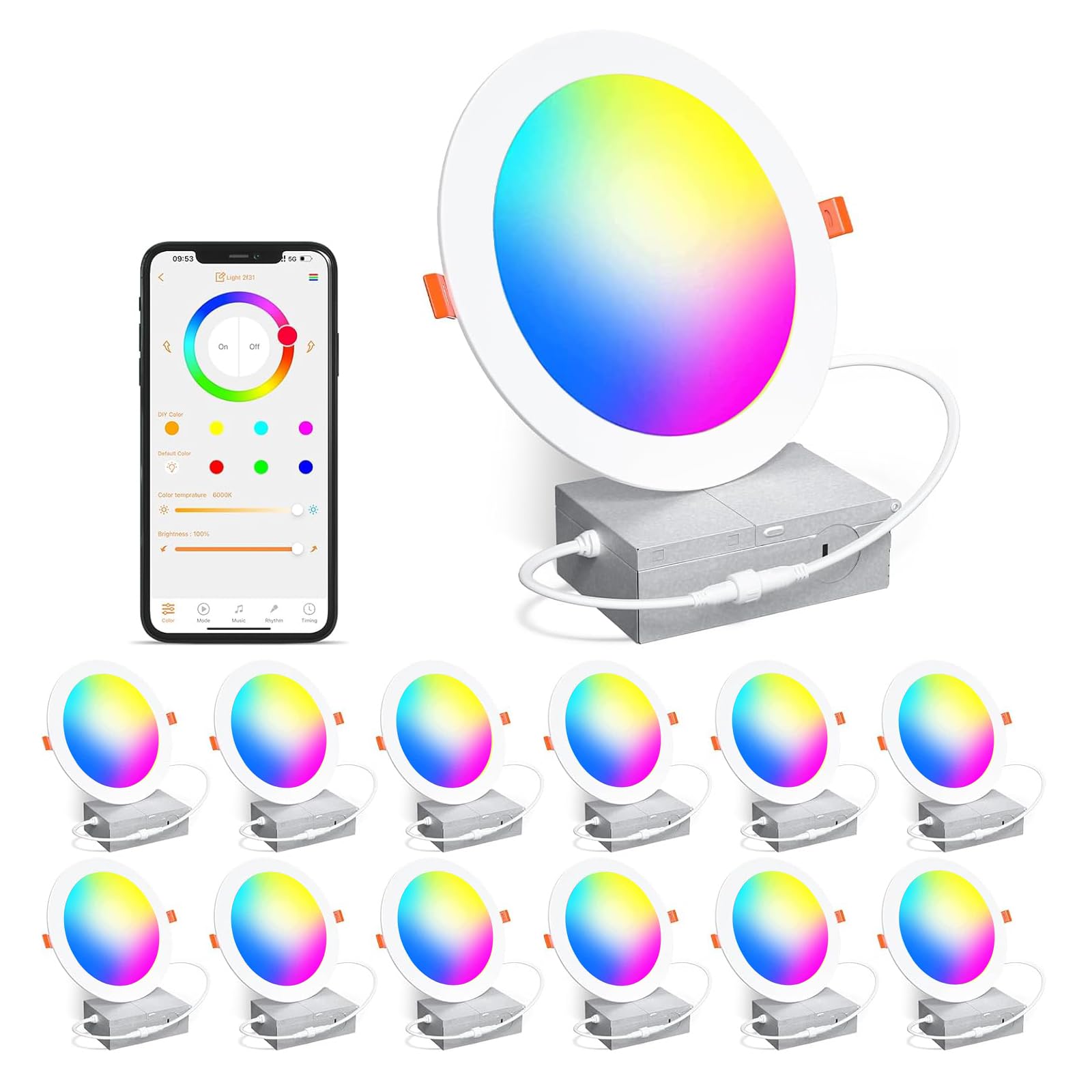 ChangM Smart Recessed Lighting 12W RGBCW LED Downlight, 1050LM, Dimmable, Compatible with Alexa, 4 Inch, 12 Pack