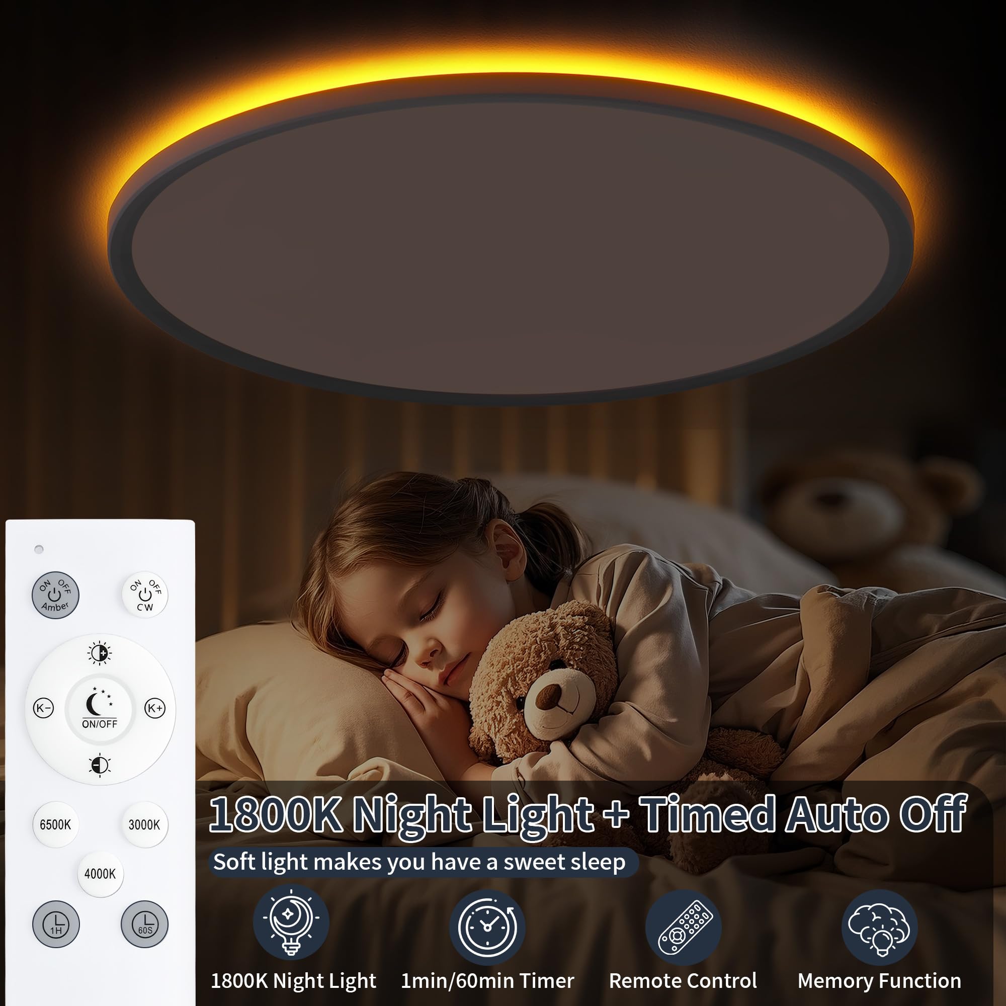 KIWIVIC 19 Inch Flush Mount Ceiling Light, Dimmable LED, 4500LM, Remote Control, 3000K/4000K/6500K, Slim Design,