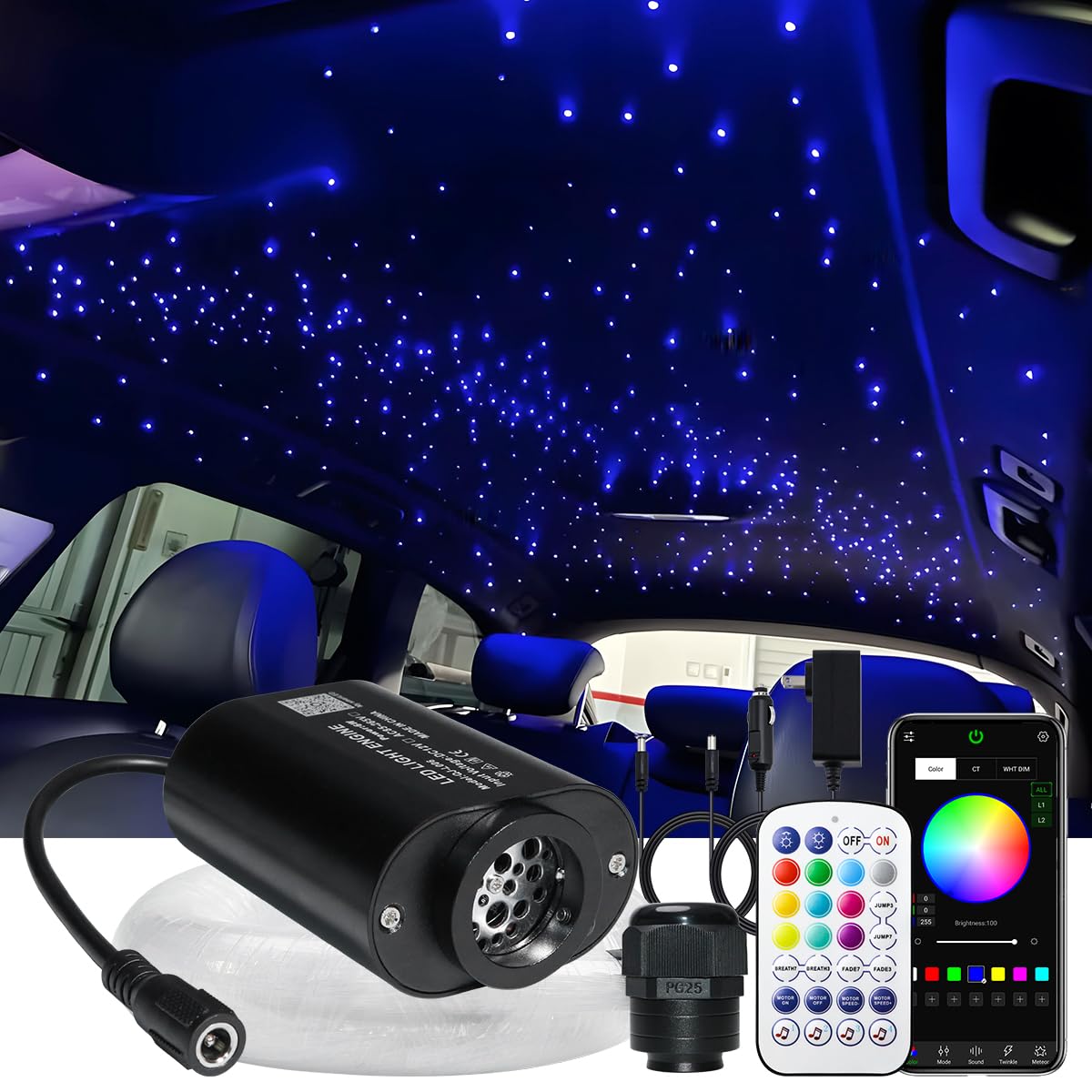 AZIMOM Mini 6W Fiber Optic Starlight Headliner Kit, 430pcs, 13.1ft, Aluminum, Black, Model QJ-L006, Sound-Activated with