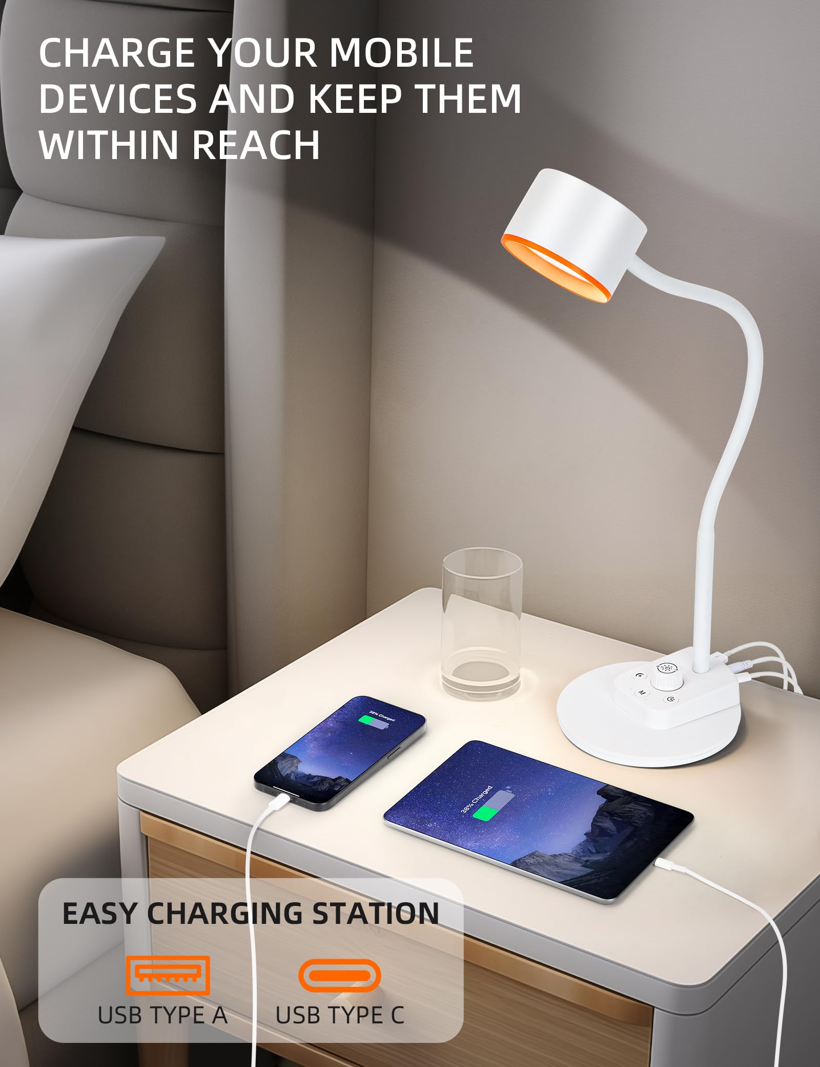 Lifmira Led Desk Lamp, 1200Lm For Home Office, Fully Dimmable Bedside Reading Lamp With Usb C + A Charging Ports, 5 Colors, 12W