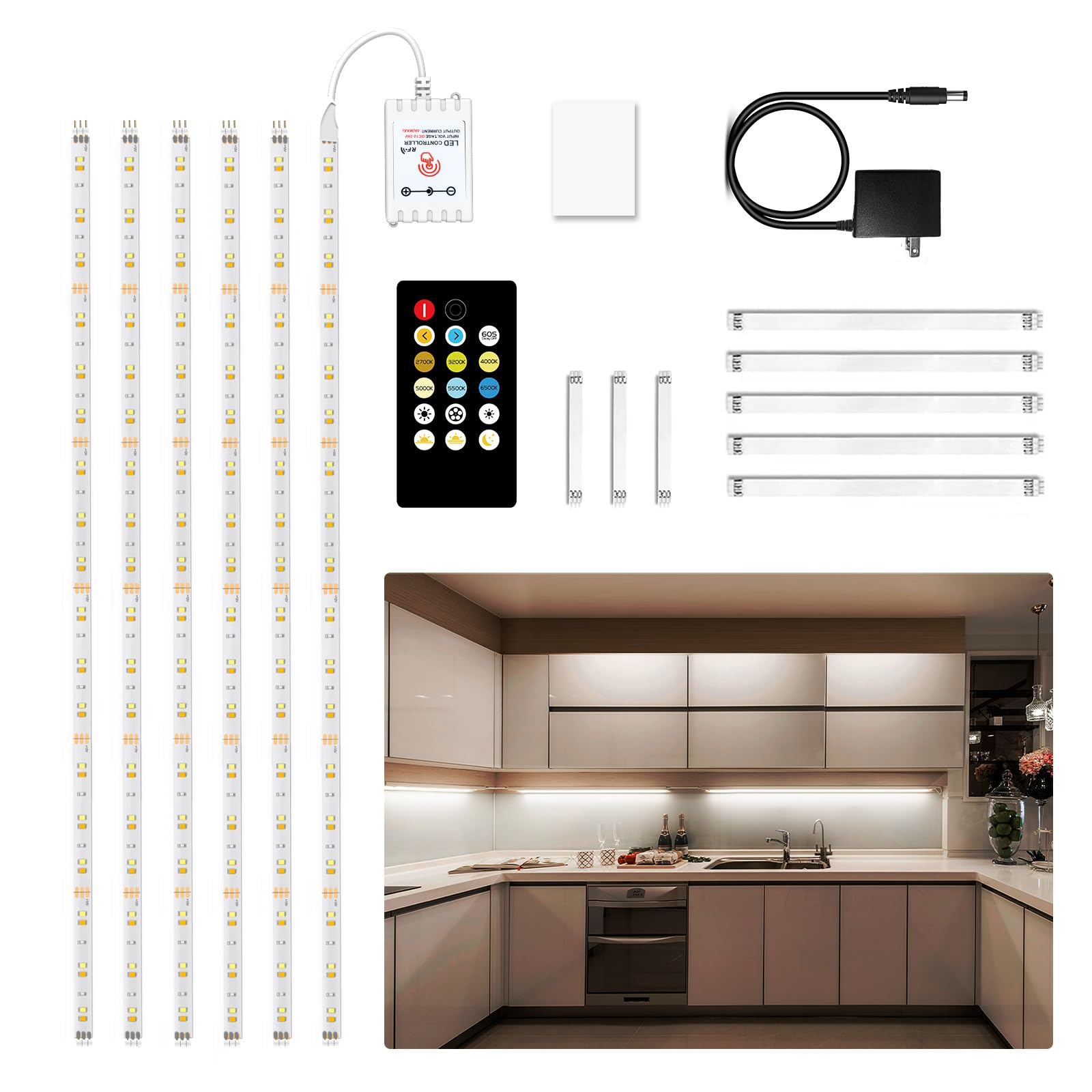 DAYBETTER Under Cabinet Lighting kit, 6 PCS LED Strip Lights with Remote, Dimmer and Adapter, Dimmable for Kitchen Cabinet,Count