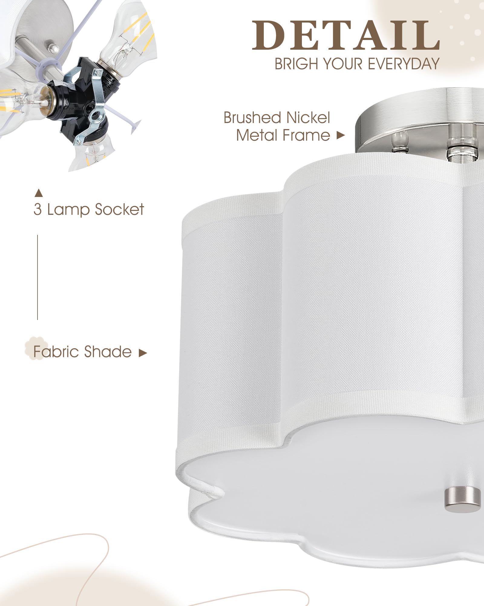 Audickic Semi Flush Mount Ceiling Light, 3-Light 13'' Ceiling Light Fixtures With Fabric Shade In Flower Shape, Brushed Nickel C