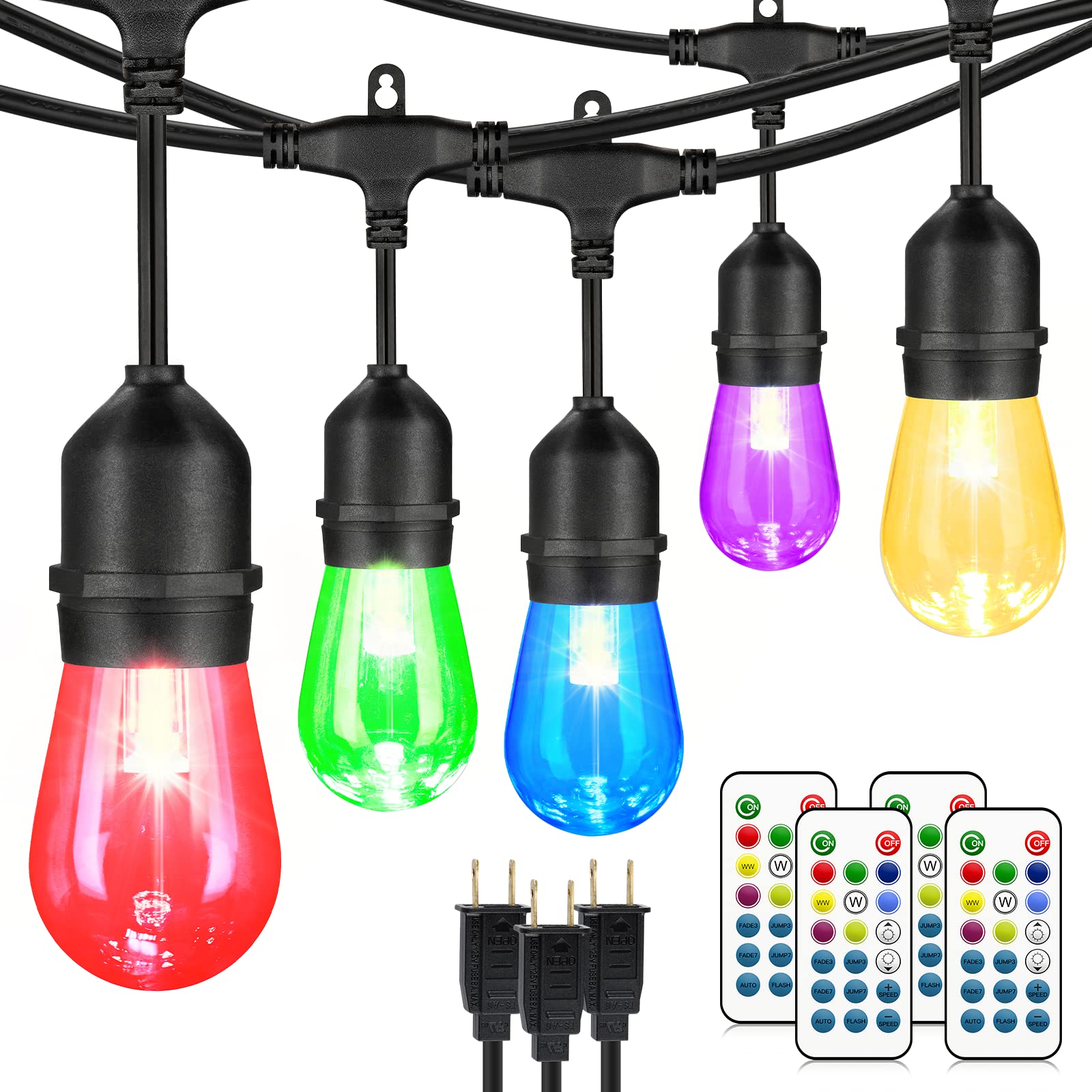 Mlambert 144Ft(3x48ft) Multicolor Outdoor Patio Lights, Dimmable RGB Cafe String Lights with 45+6 Waterproof LED Bulbs for Garde