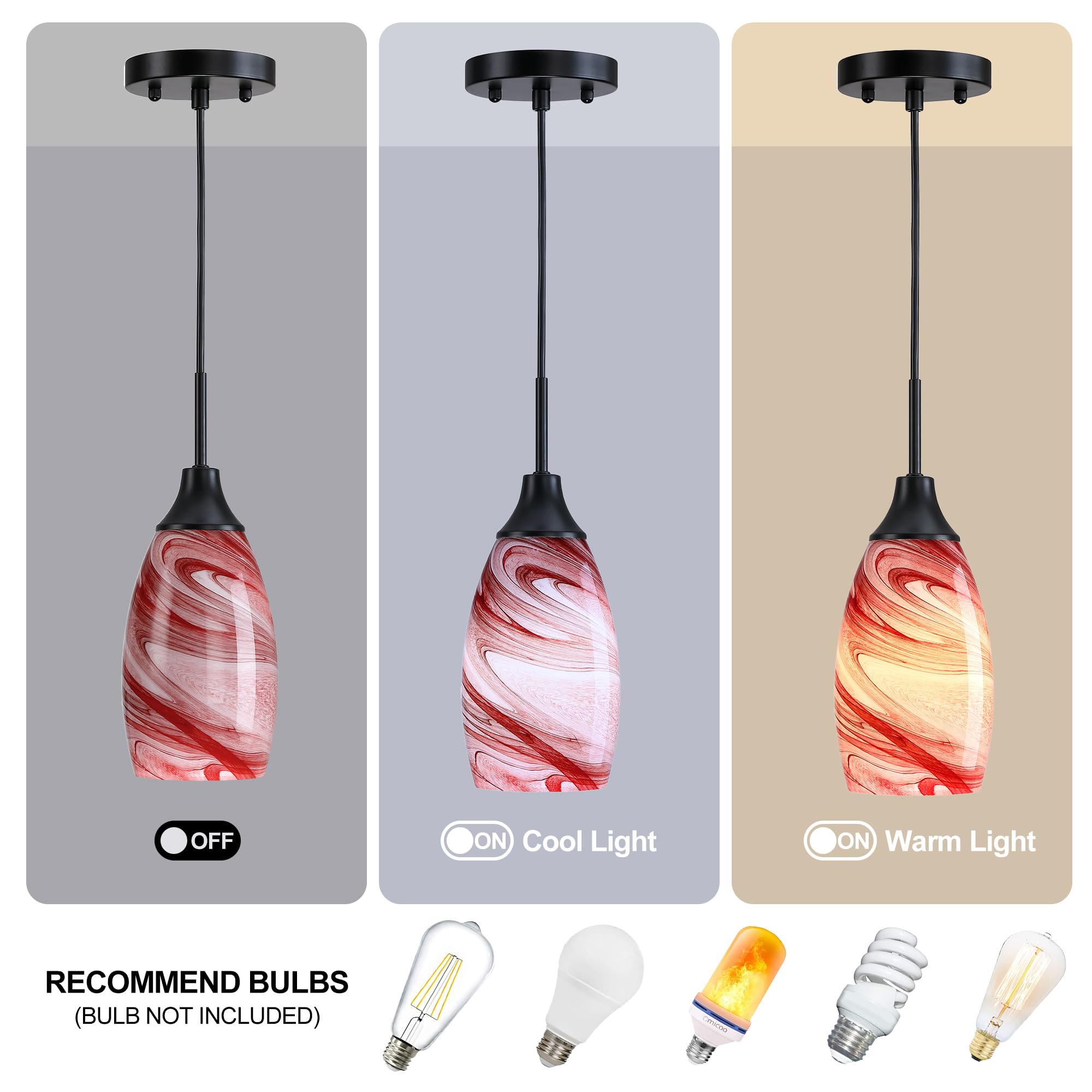 Viinew Mini Glass Pendant Light 1-Pack With Handblown Art Burgundy Marble Glass Hanging Light Oval Ceiling Light Fixture For Din