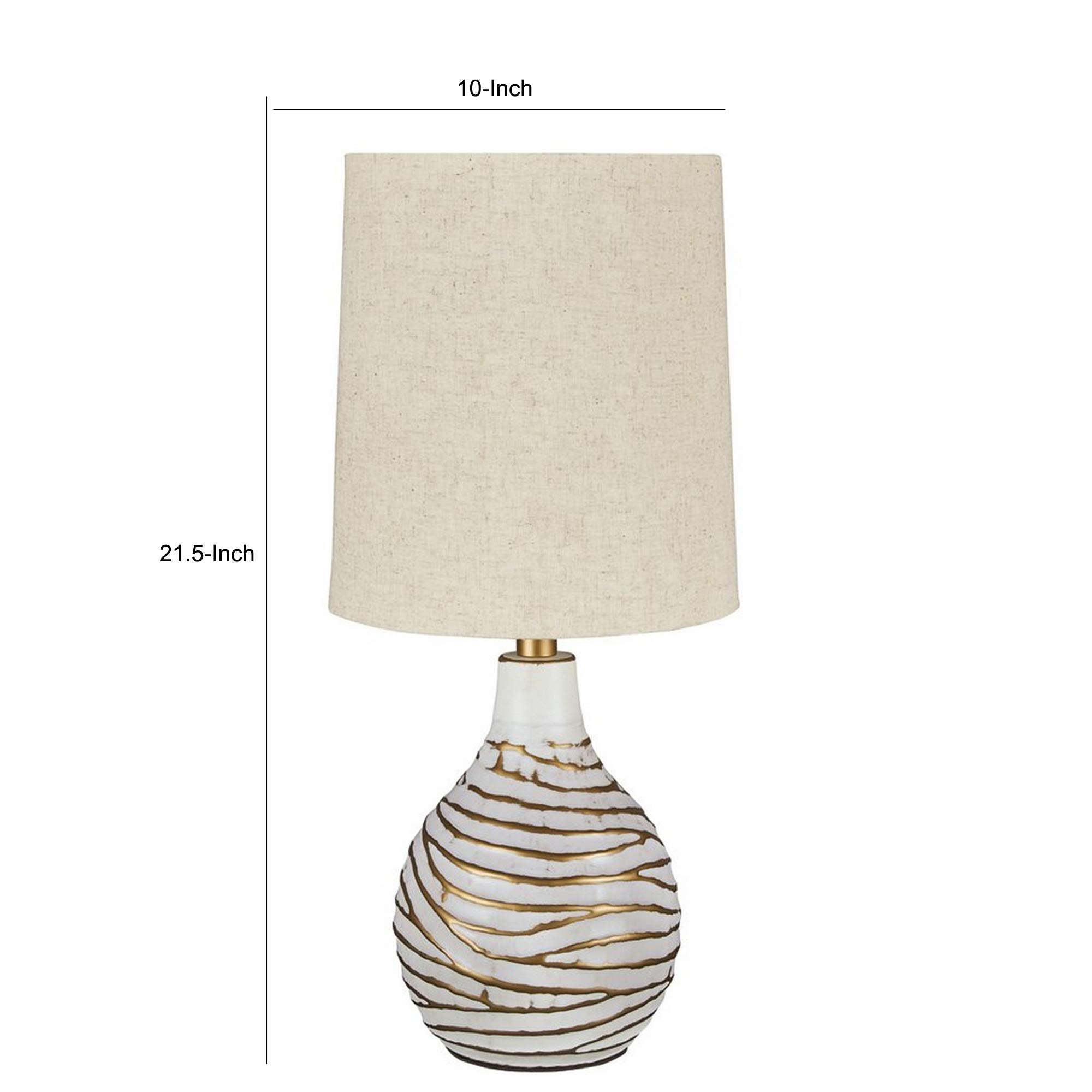 Benjara Pot Bellied Metal Table Lamp With Textured Golden Embellishment, White