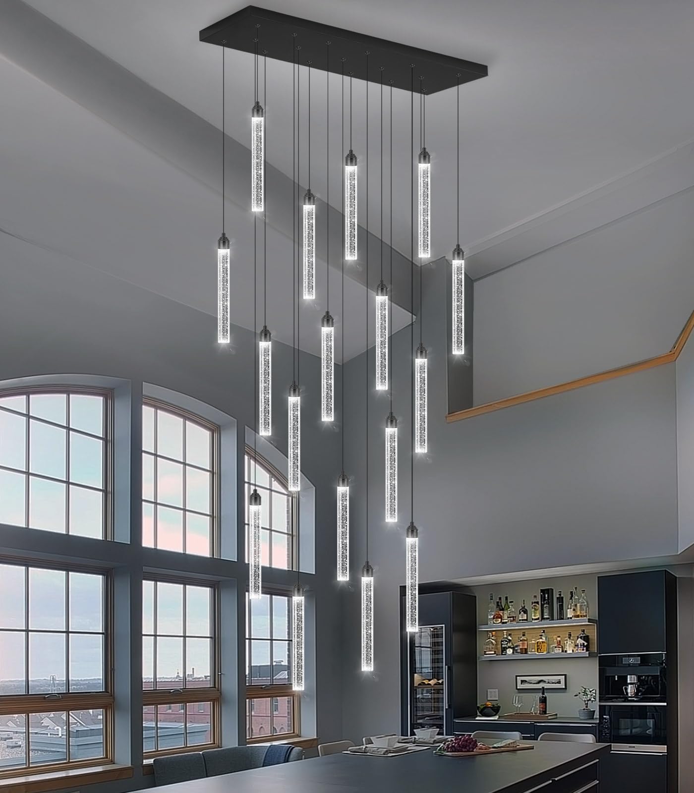 Dolria Rectangular Chandelier, 17-Lights LED Pendant Light, Dimmable, Black Metal, Model PC0008-CT-17B, Ideal for Entryway & Living Room