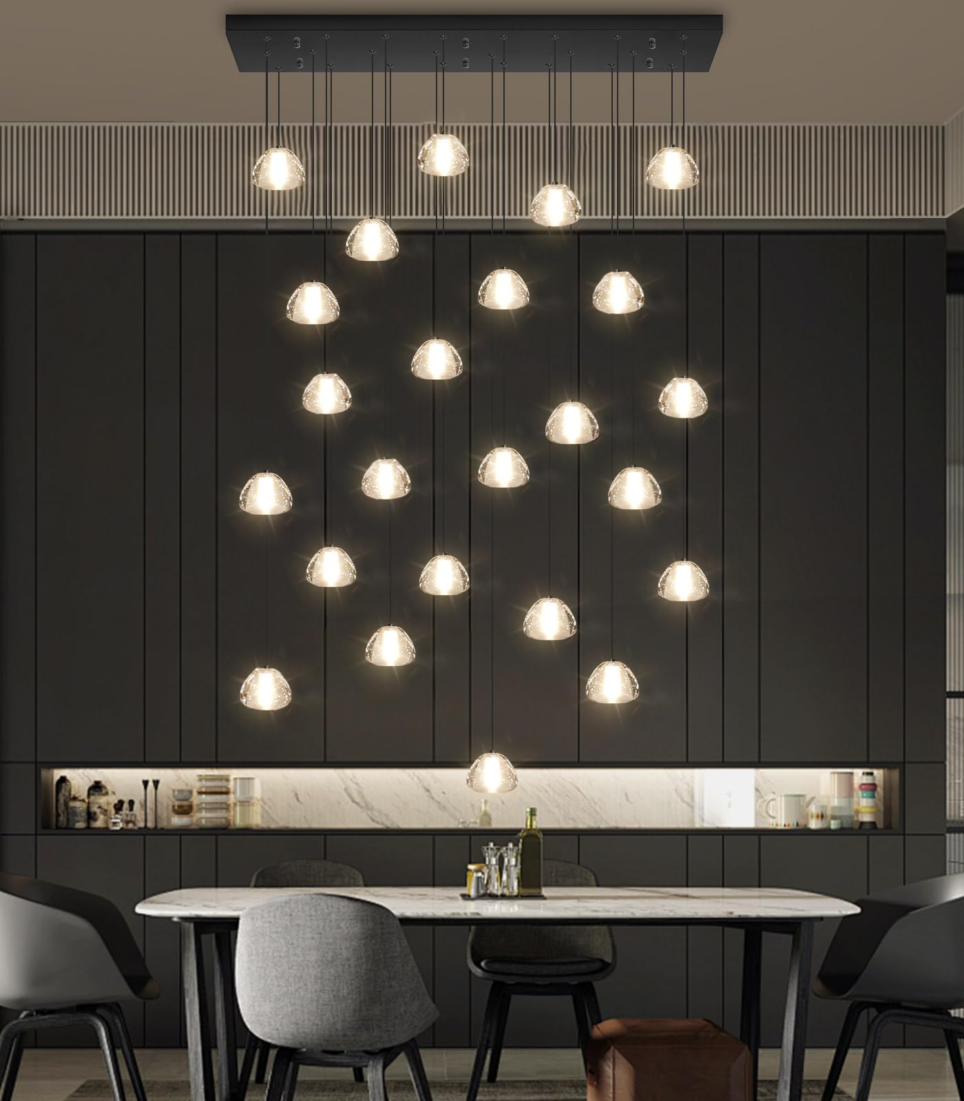 dolria 24-Lights Rectangular Crystal Chandelier Pendant Light - Black Metal Fixture for Living Room, Hotel, Staircase, Foyer, Bedroom - PC0010-24B-Chang