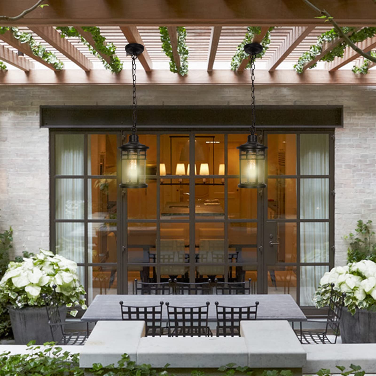 Darkaway Outdoor Pendant Lights, Aluminum, Medium Size, Black, Model 6X20H BK, Seeded Glass for Porch, Gazebo, Patio