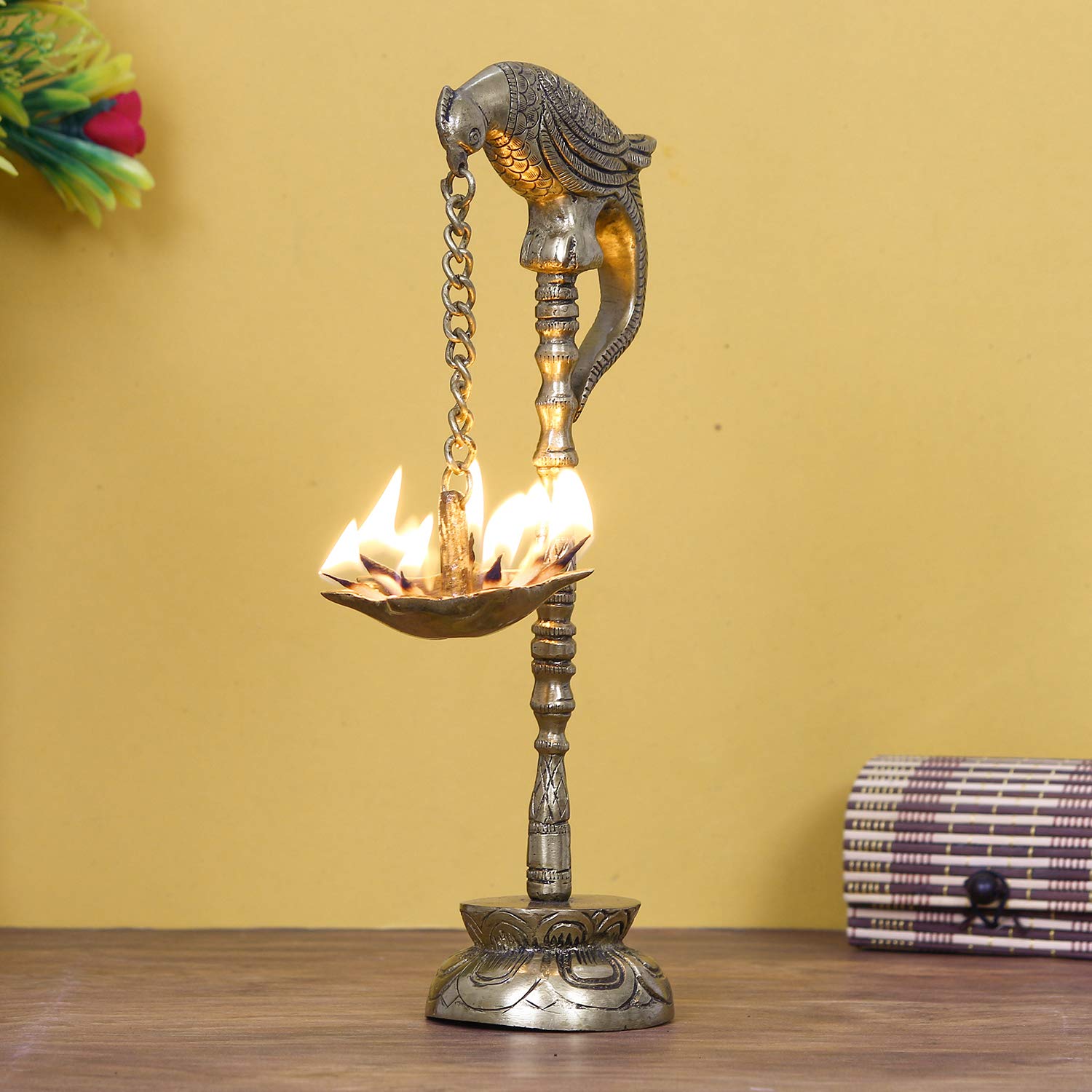 eCraftIndia Decorative Handcrafted Brass Bird Wall Hanging with Diya for 7 Wicks