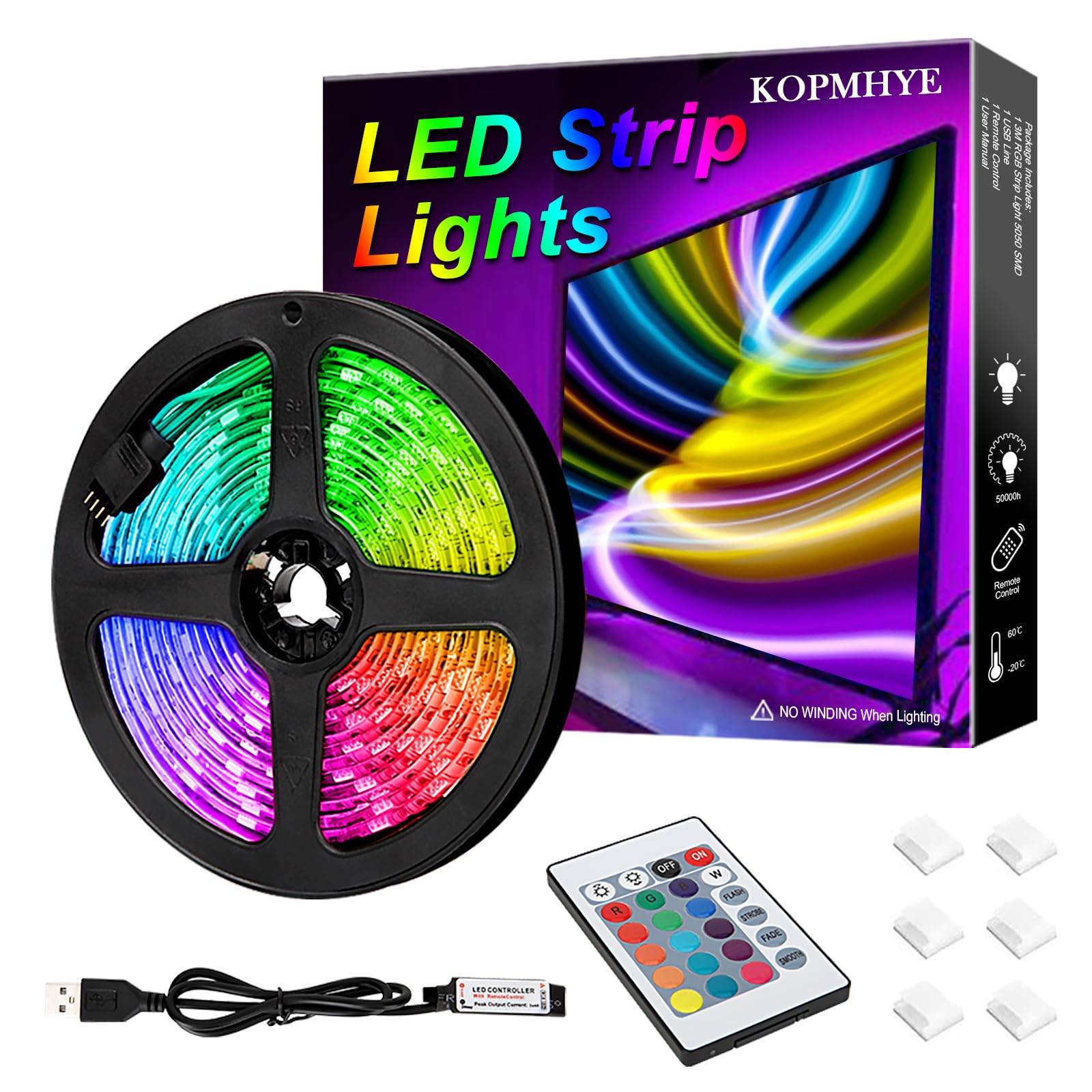 Kopmhye 10Ft Rgb Led Strip Lights, Waterproof Usb Backlight, 16 Color Changing For Tv & Pc