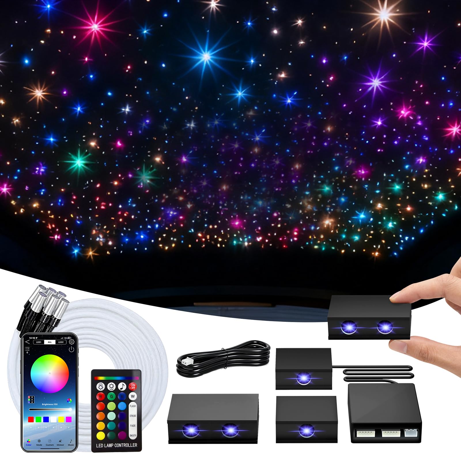 Split Starlight Headliner Kit - 1200pcs 0.02in 4.9ft Fiber Optic RGBW Star Lights for Car with 6 Light Heads 16W Engine Easy to 