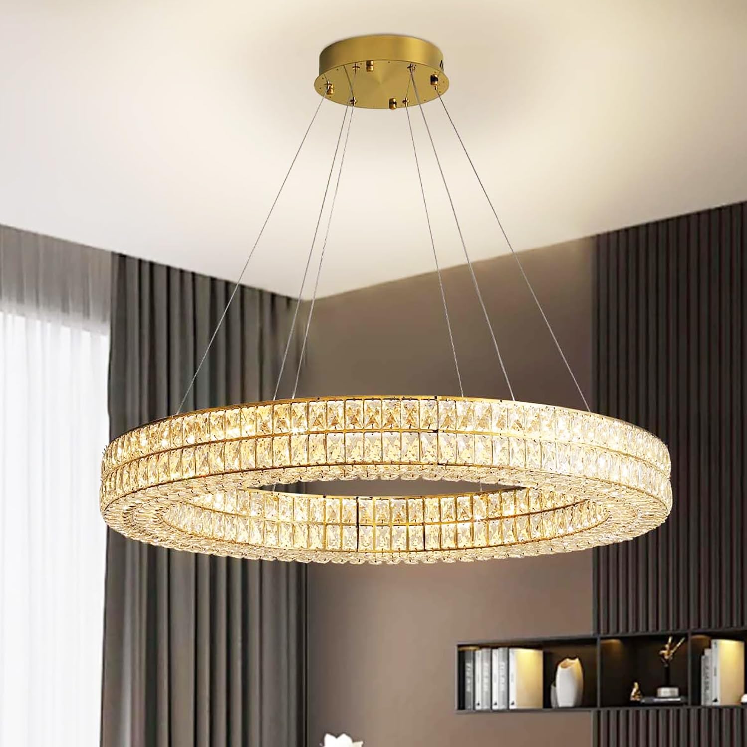 Idequy Led Ring Crystal Chandelier For Living Room, Modern Dimmable Chandeliers Lighting And Hanging Adjustable, Led Round Ceili