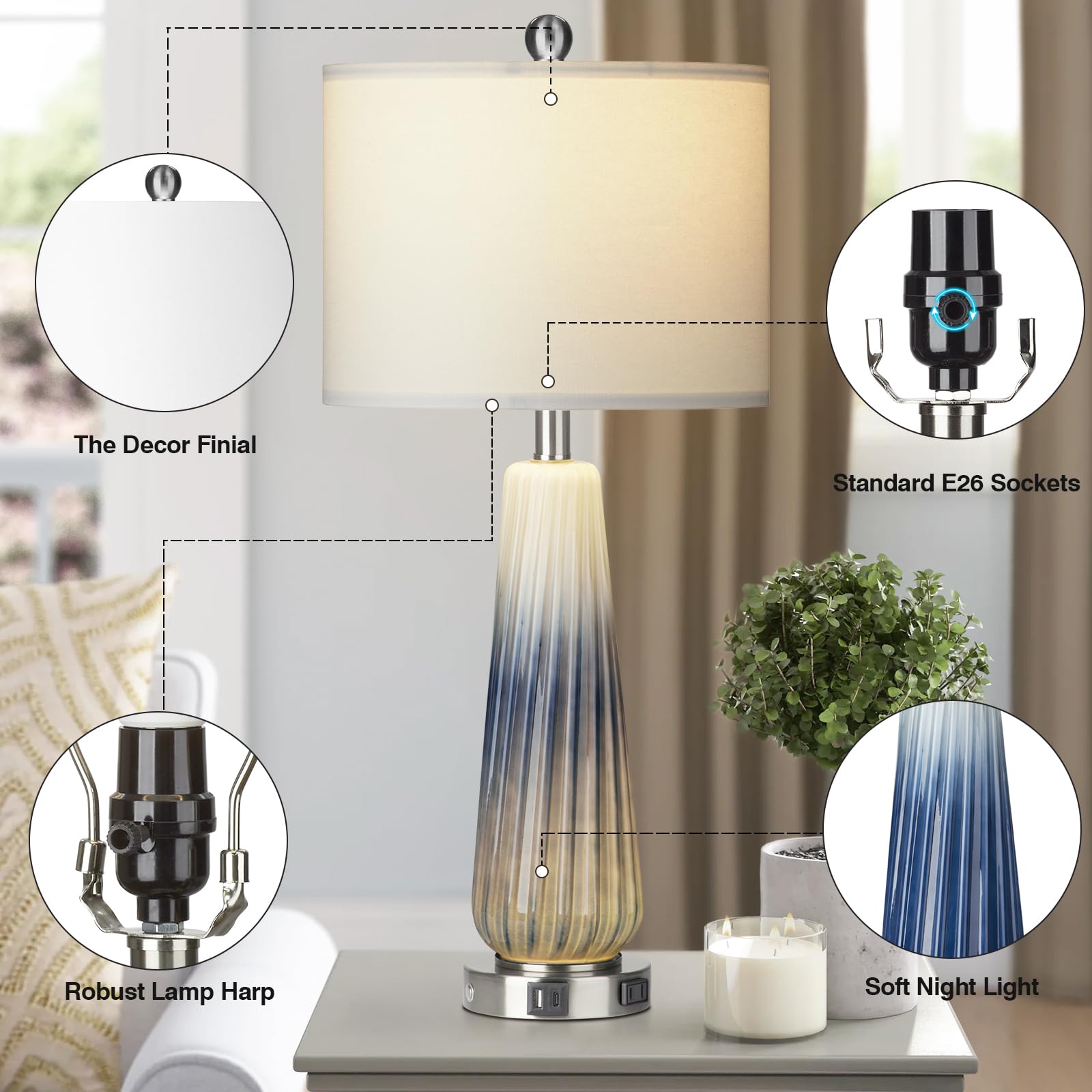 28" Glass Table Lamp Set Of 2, Modern Table Lamps With Usb A+C Ports & Ac Outlet, Touch Control Bedside Nightstand Lamp With Led Night Light & White Fabric Shade For Living Room Blue(4 Bulbs Included)