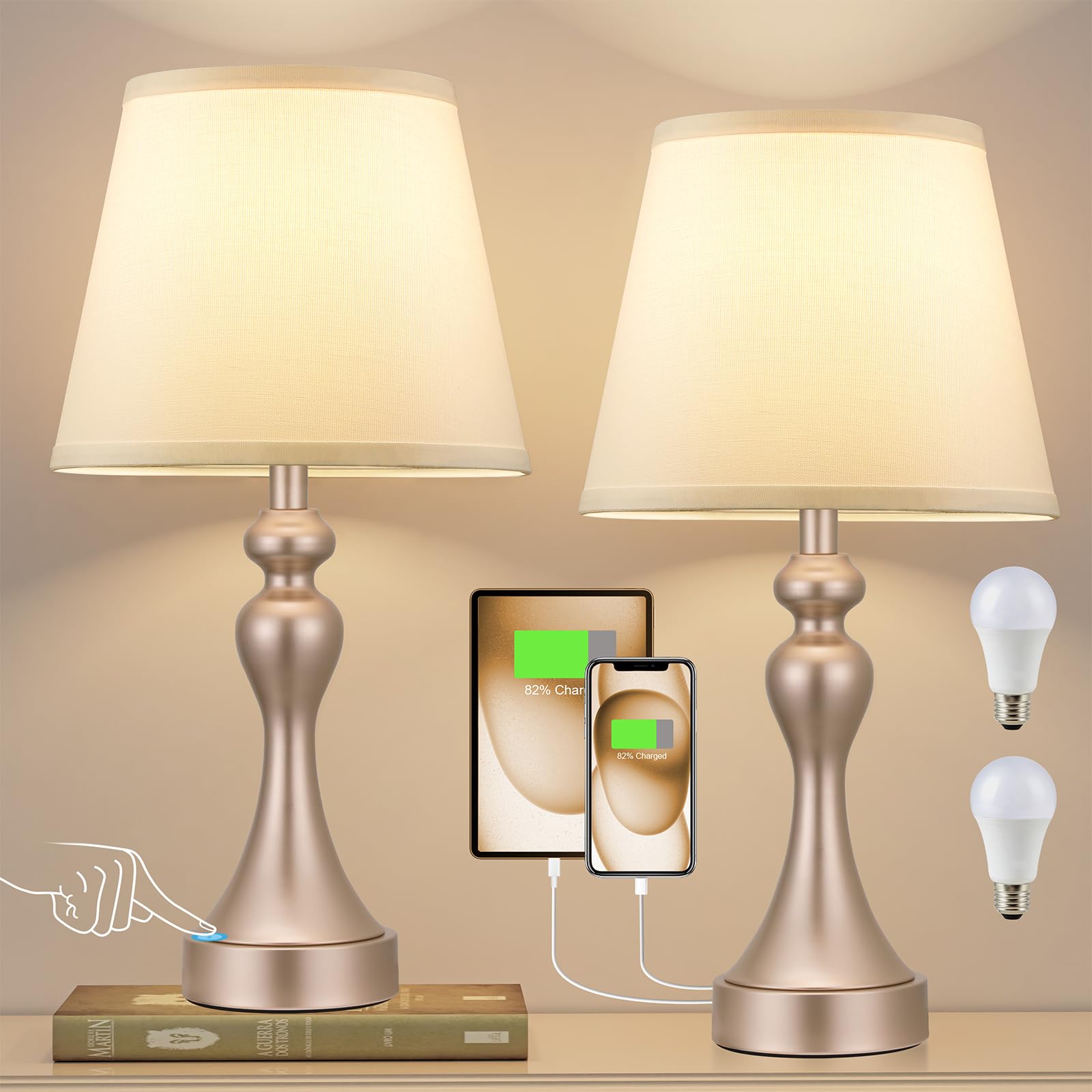 Seealle Touch Lamps For Nightstand - Bedside Lamps Set Of 2, 3 Way Dimmable, Usb C+A For Bedroom & End Tables (Flash-Grey&White)