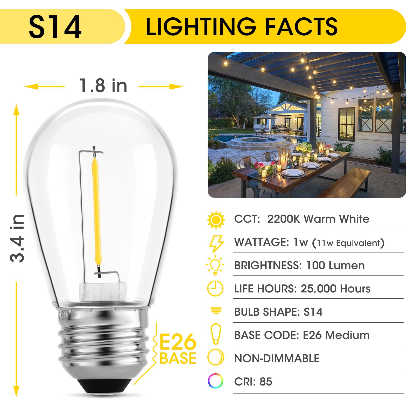 Meconard Outdoor Patio String Light Bulbs, Shatterproof Waterproof S14 LED Replacement Bulbs for Outdoor String Lights, 1W LED B