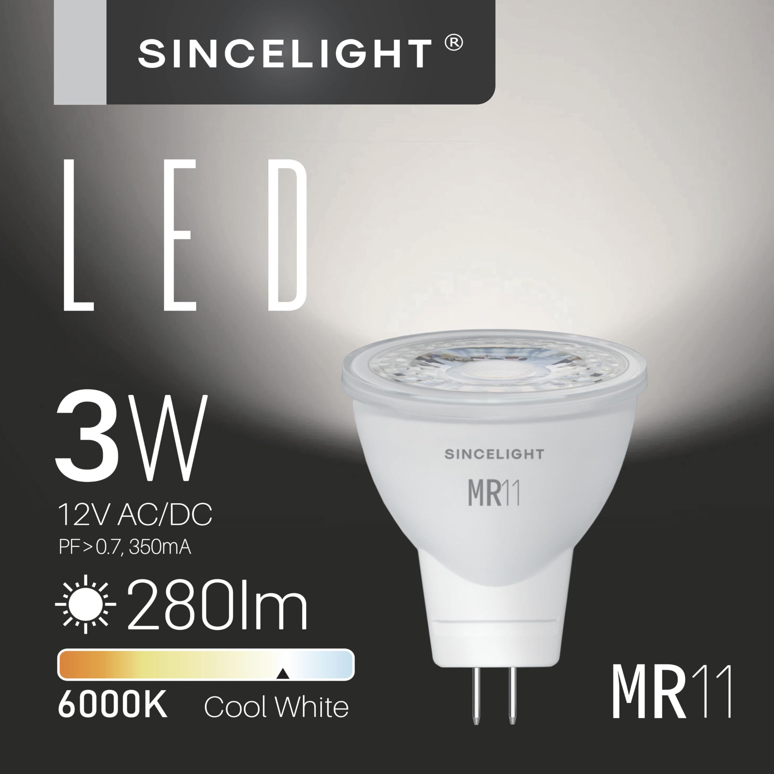 SINCELIGHT MR11 GU4 LED Bulb, 3W, 280 Lumens, 6000K Cool White, Ø35mm, Pack of 6, RA˜92,