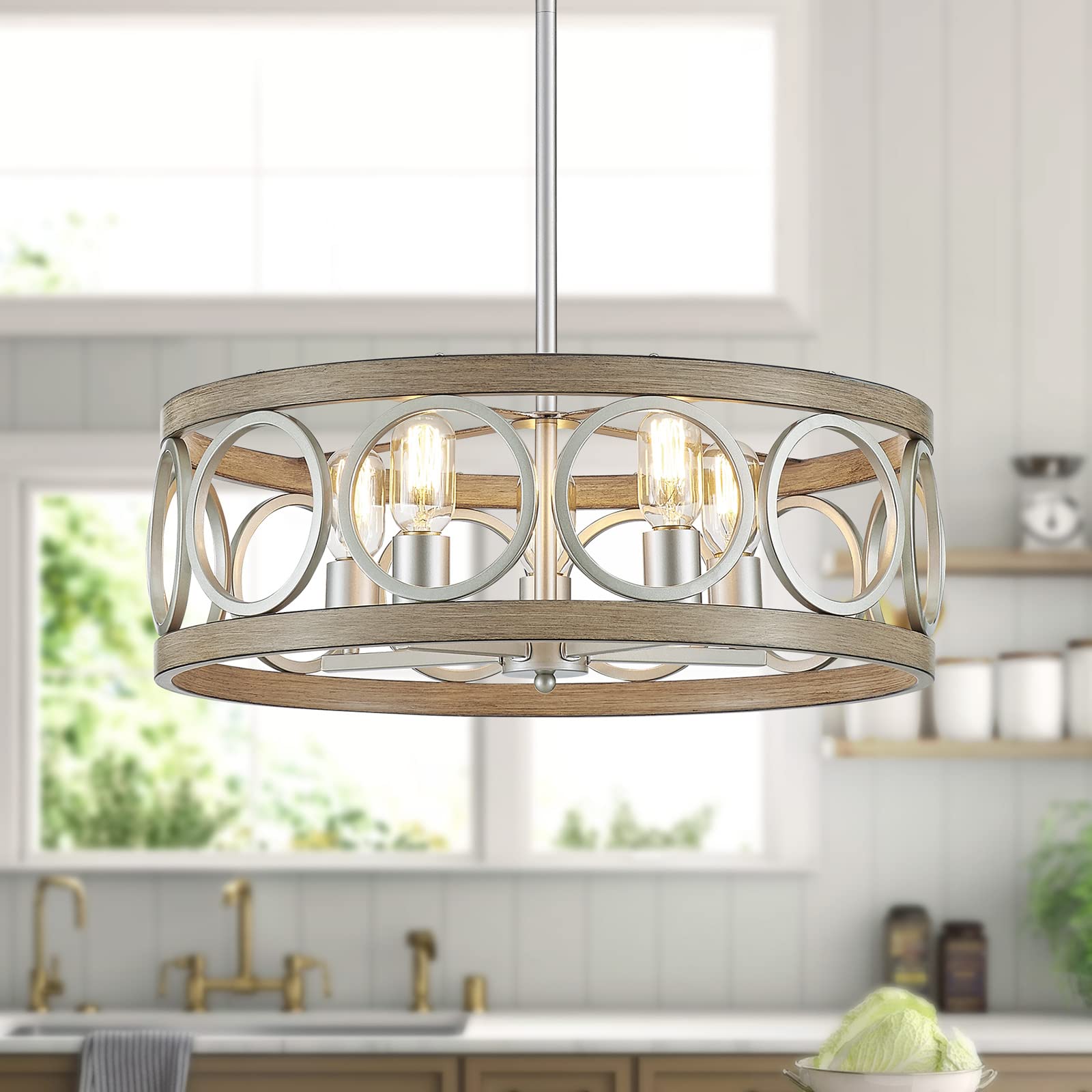 XINGQI 21.7 Modern Farmhouse Chandelier Drum Pendant Lighting Fixture Hanging Ceiling Lamp for Living Dining Room Over Table, 