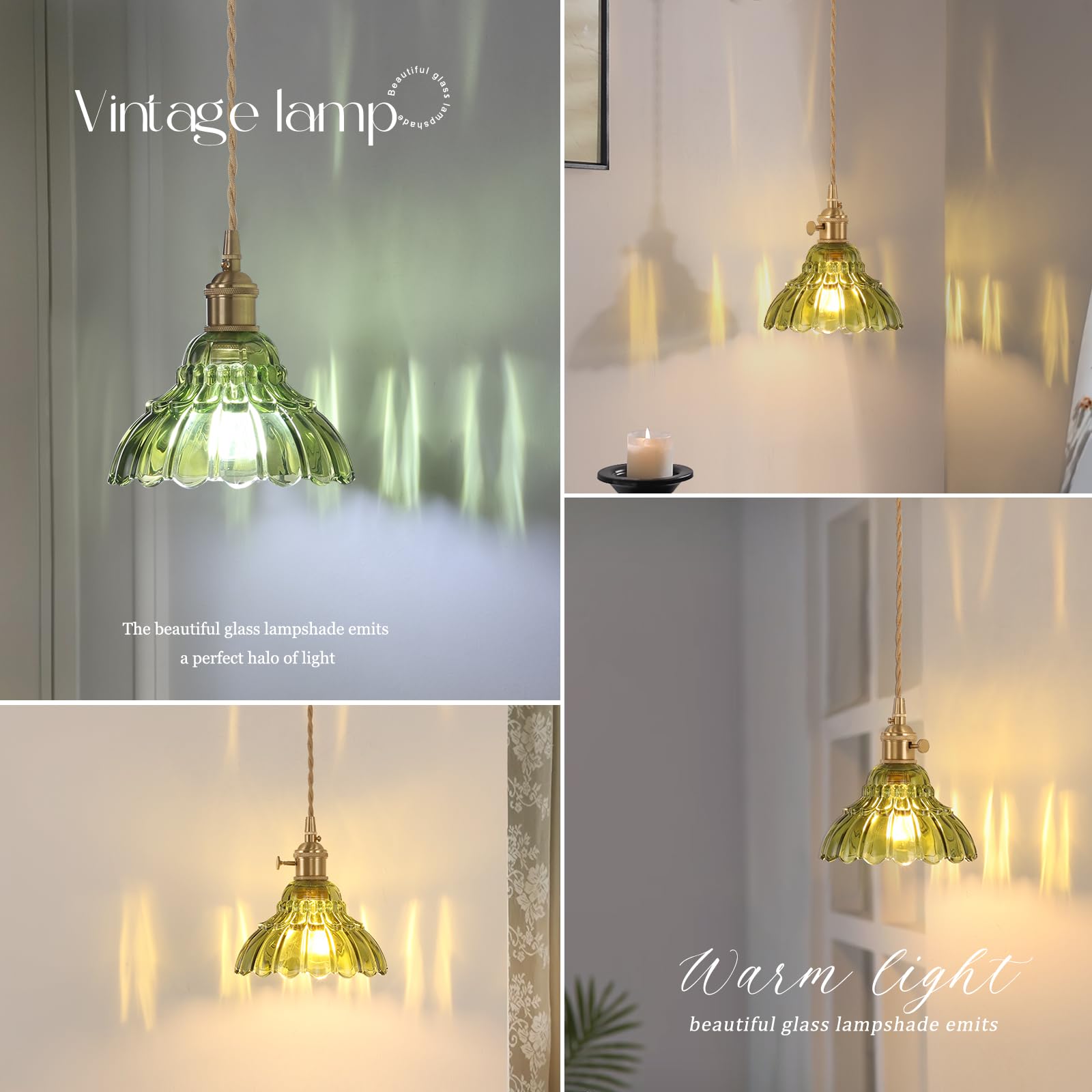 Shenmoyl Vintage Wall Sconce - Brass, Green Lily of the Valley Glass Shade, Hardwired, Model 1-9492