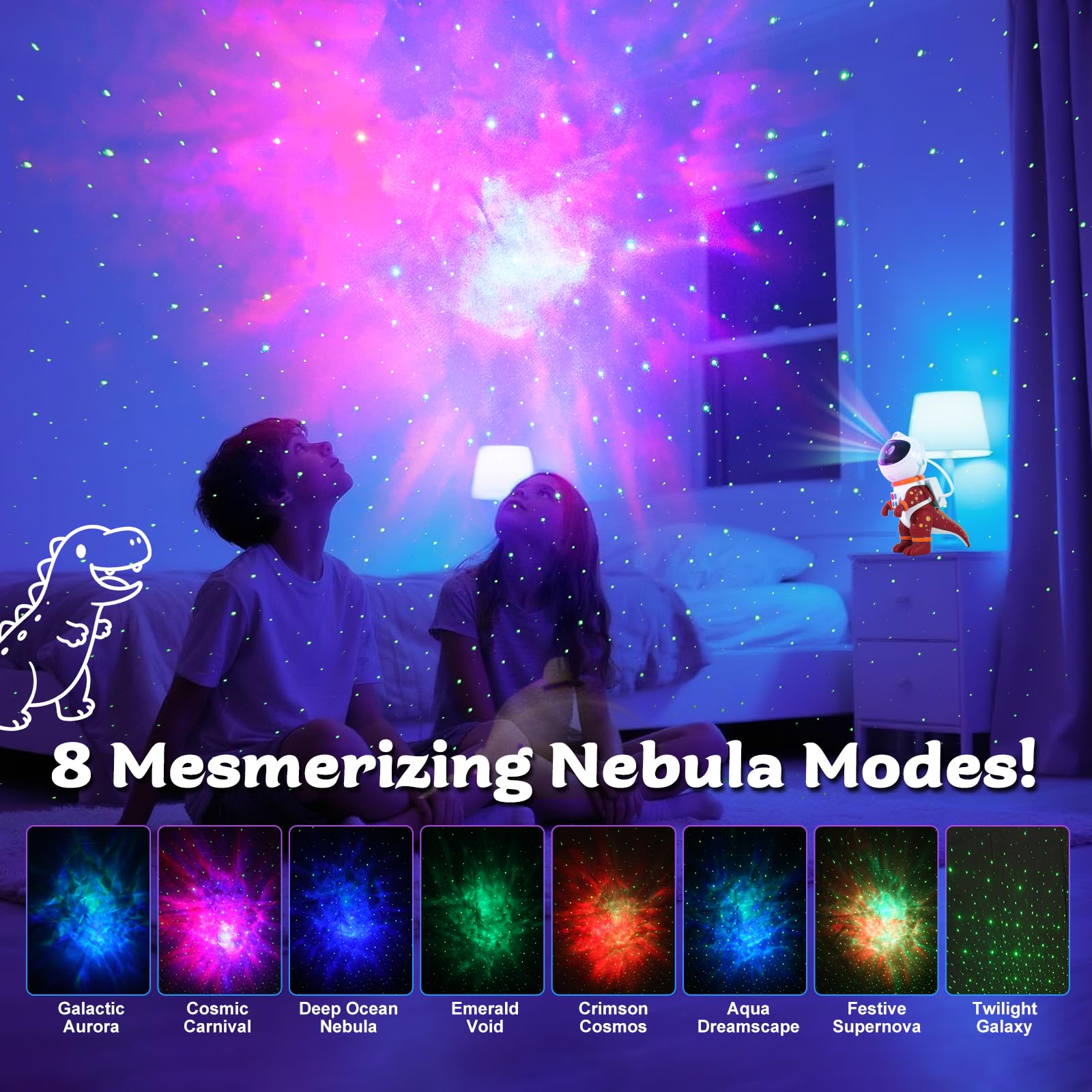 LOVME Galaxy Star Projection Night Light, Red Dinosaur Astronaut Projector, 8 Modes, Timer & Remote Control, Bedroom Decor for Kids
