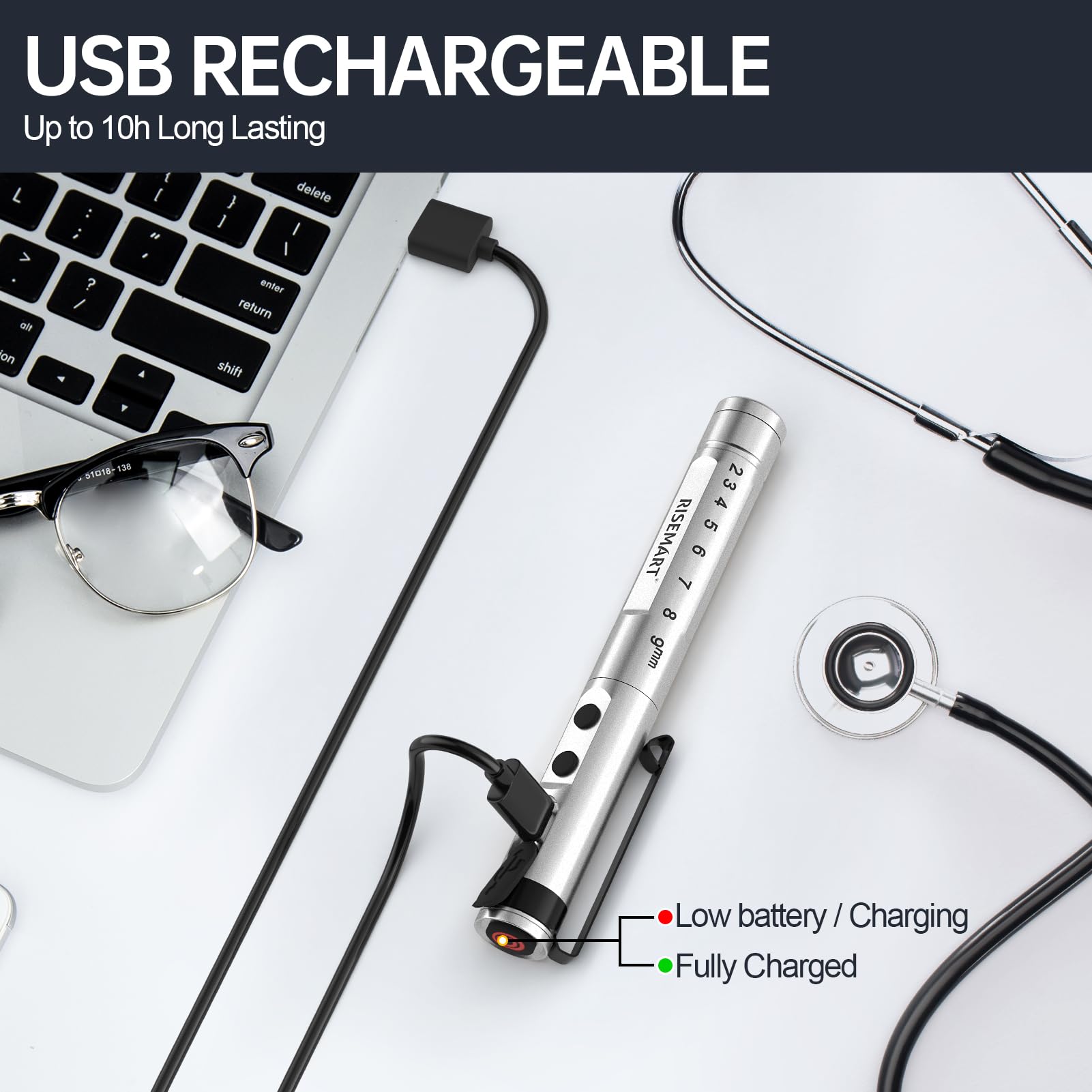 RISEMART Rechargeable LED Pen Light for Nurse & Doctor - Warm/Cool White, Stepless Dimming, Silver, Model LC-59081-SL-TANG-US