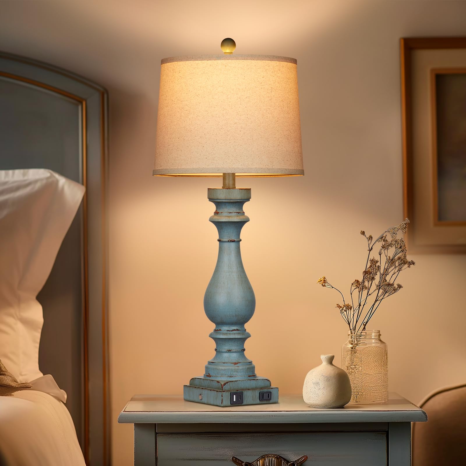 Cinkeda 27.5'' Tall Coastal Lamp,Retro-Blue Vintage Bedside Nightstand Lamps With Usb Charging Ports A/C,3-Way Dimmable Touch Co