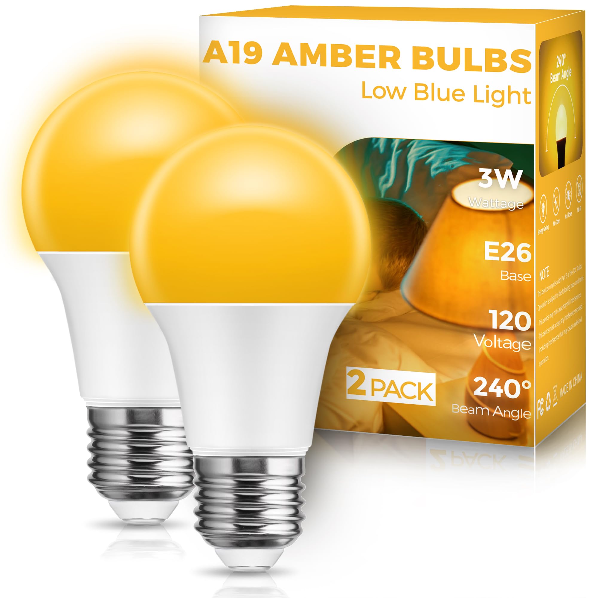 Jandcase Amber Light Bulbs For Healthy Sleep, 3W Warm Light Bulbs Blue Light Blocking, Low Watt Light Bulbs 40W Equivalent, E26 