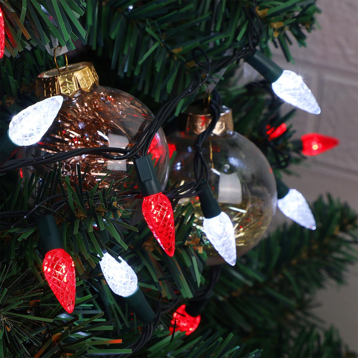 Waterglide C6 Christmas Lights, 100 Led 33Ft Faceted Fairy Lights Green Wire String Lights With Safe Adaptor, 8 Lighting Mode, W