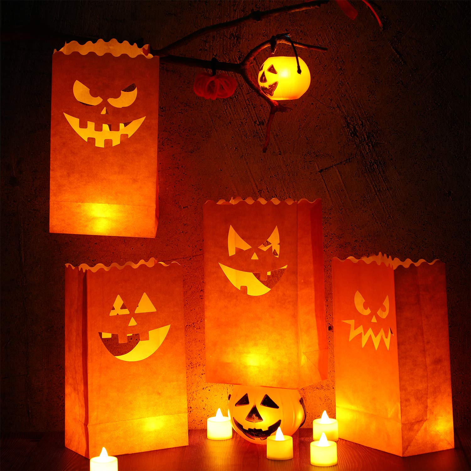 Outus 20 Pieces Halloween Pumpkin Bags Candle Luminary Paper Lantern Bags for Halloween Wedding Party Decoration