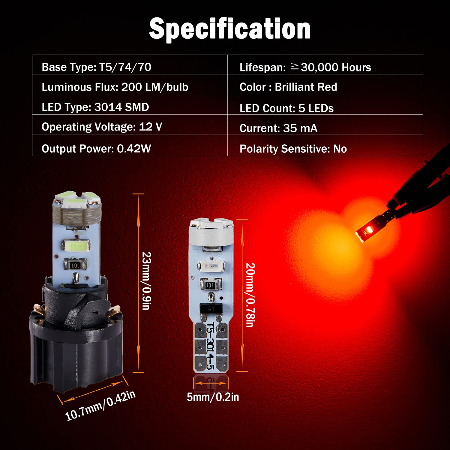 Brishine T5 37 74 2721 Led Bulbs, Brilliant Red, 12V, 0.42W/Bulb, 30000+ Hours Lifespan, 10 Pack