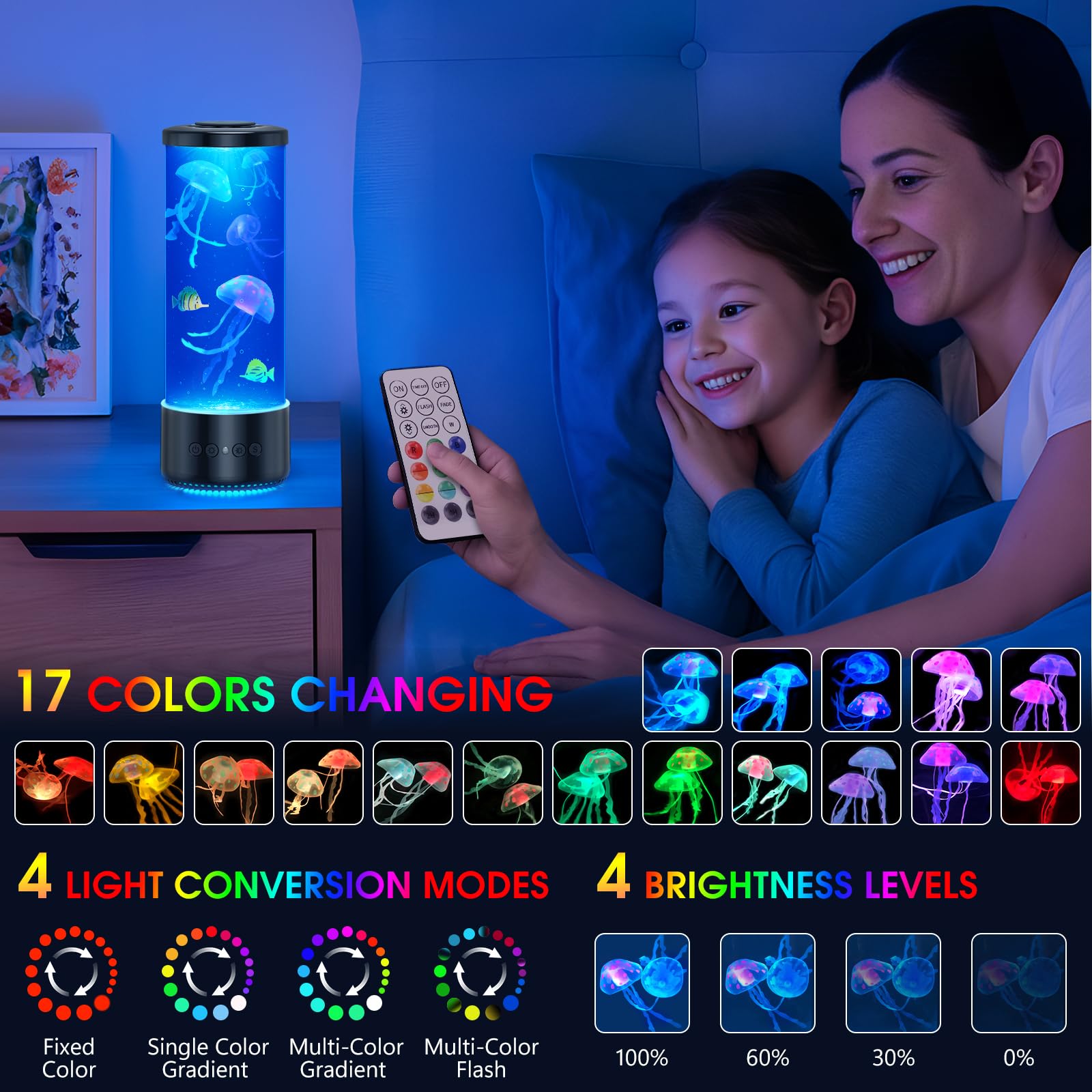 tuknuga Jellyfish Lamp with 17 Colours Setting and Remote Control, 4 Light Modes, Jelly Fish Table Lamp for Children Adults, Moo