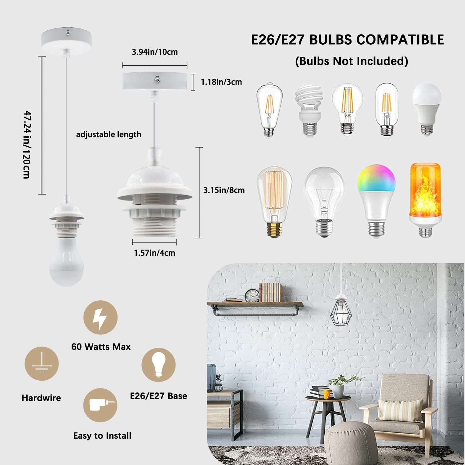 Wrpacttg Pendant Light Kit 2Pcs White Cord Holder E27 Base Hanging Lamp Lantern Socket With 3.94Ft Adjustable Wire Industrial Ce
