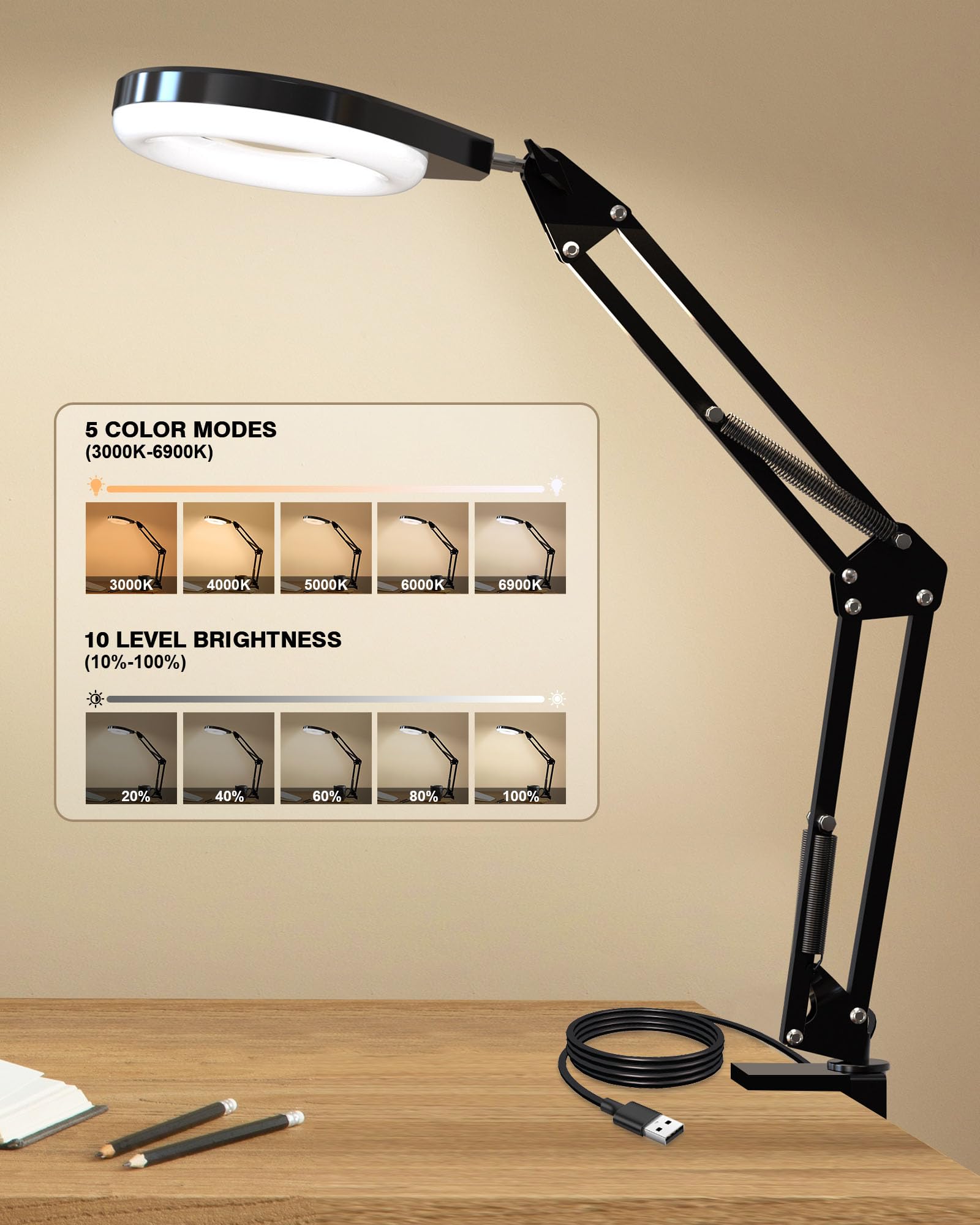 NAKOOS Magnifying Glass with Light, 10X & 5X Real Glass, Anti-Glare Lens, Dimmable LED, White, WM-Series, Hands-Free Desk Lamp