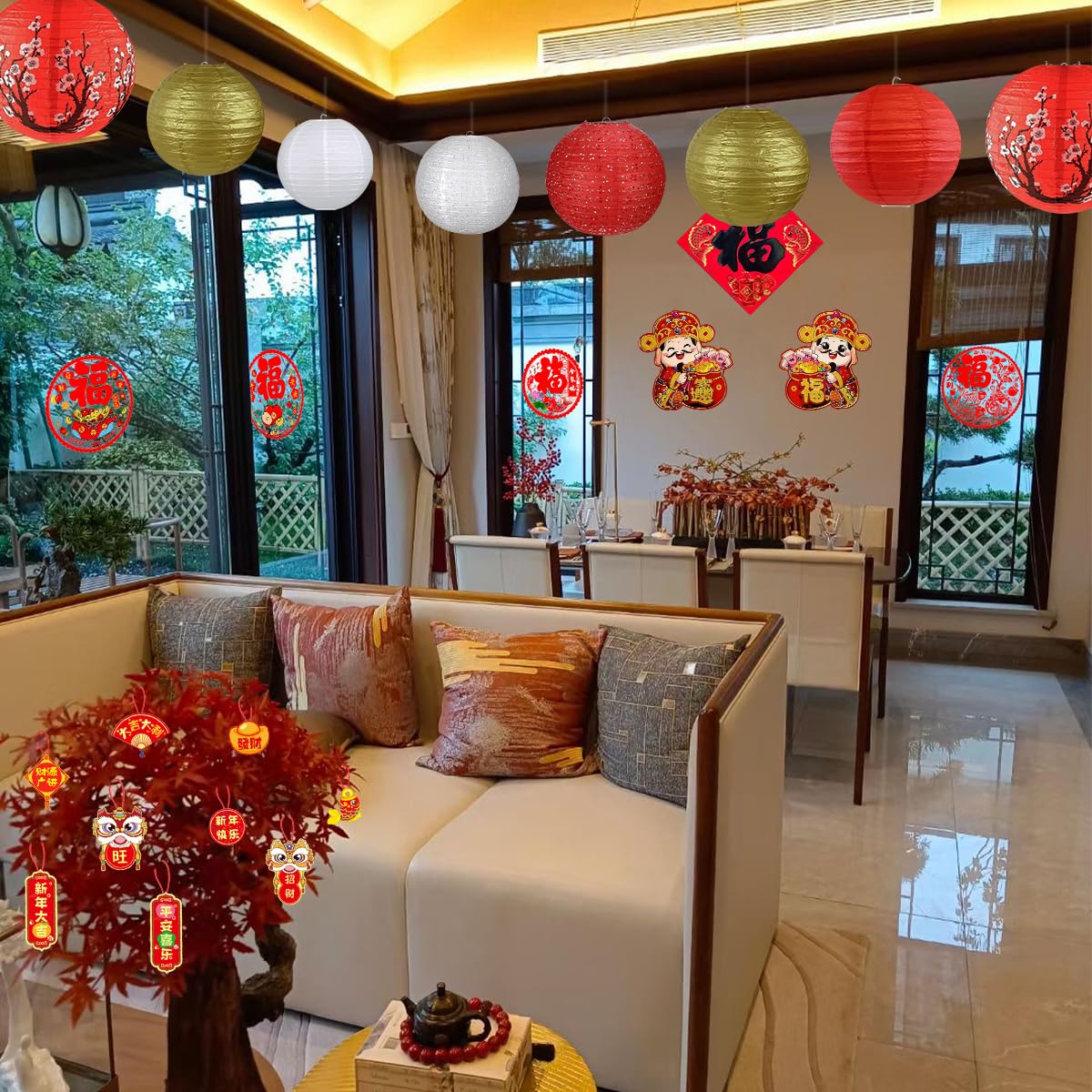 14Pcs Chinese Japanese Paper Lantern Assorted Sizes (8'' 10'' 12'') Hanging Plum Blossom Red White Gold Chinese Lanterns For Chi