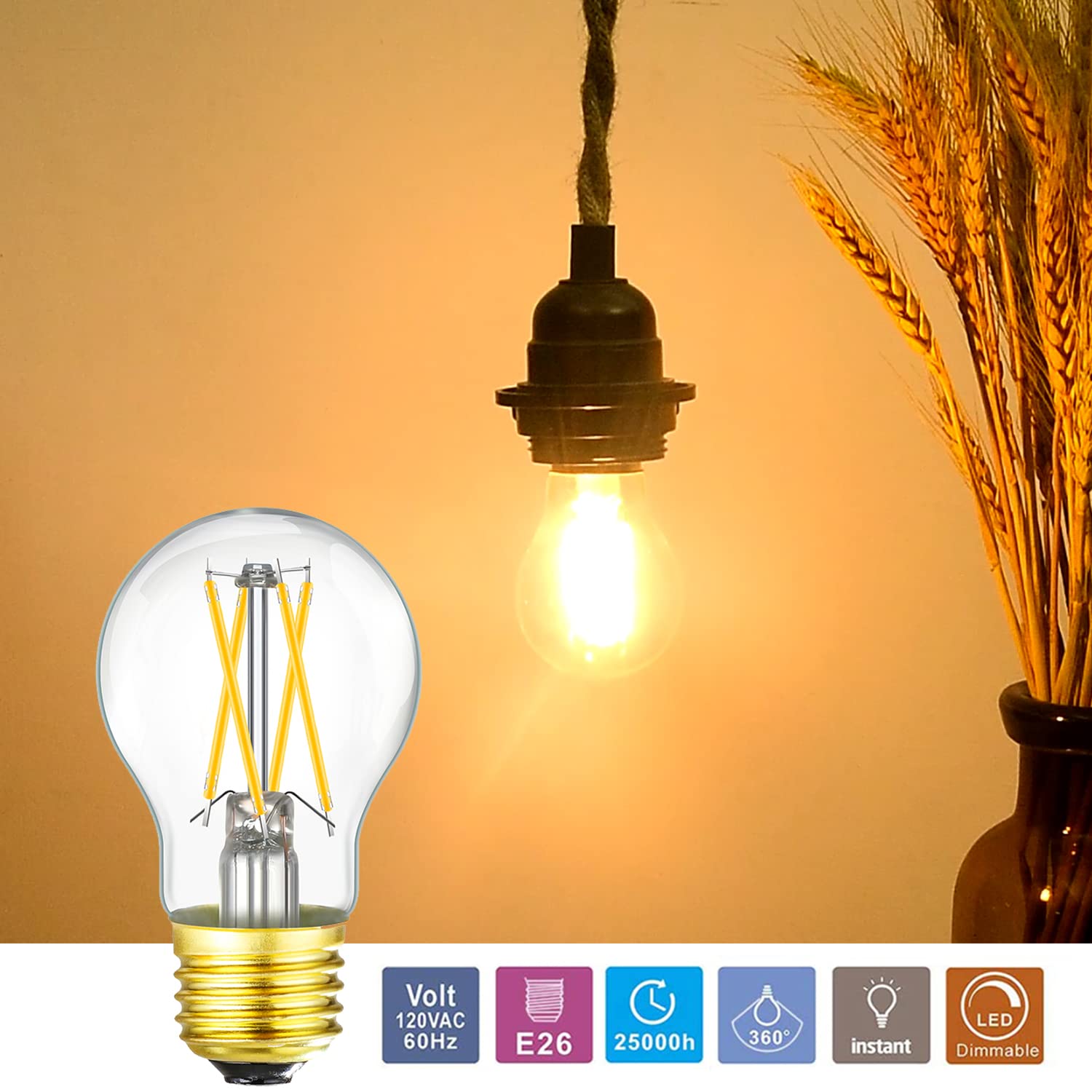 Leools Dimmable E26 Led Bulb 6W Equal 60 Watt Vintage Led Edison Bulb Ac120V 2700K A15 Led Bulb For Ceiling Fan Light Bulbs,Appl